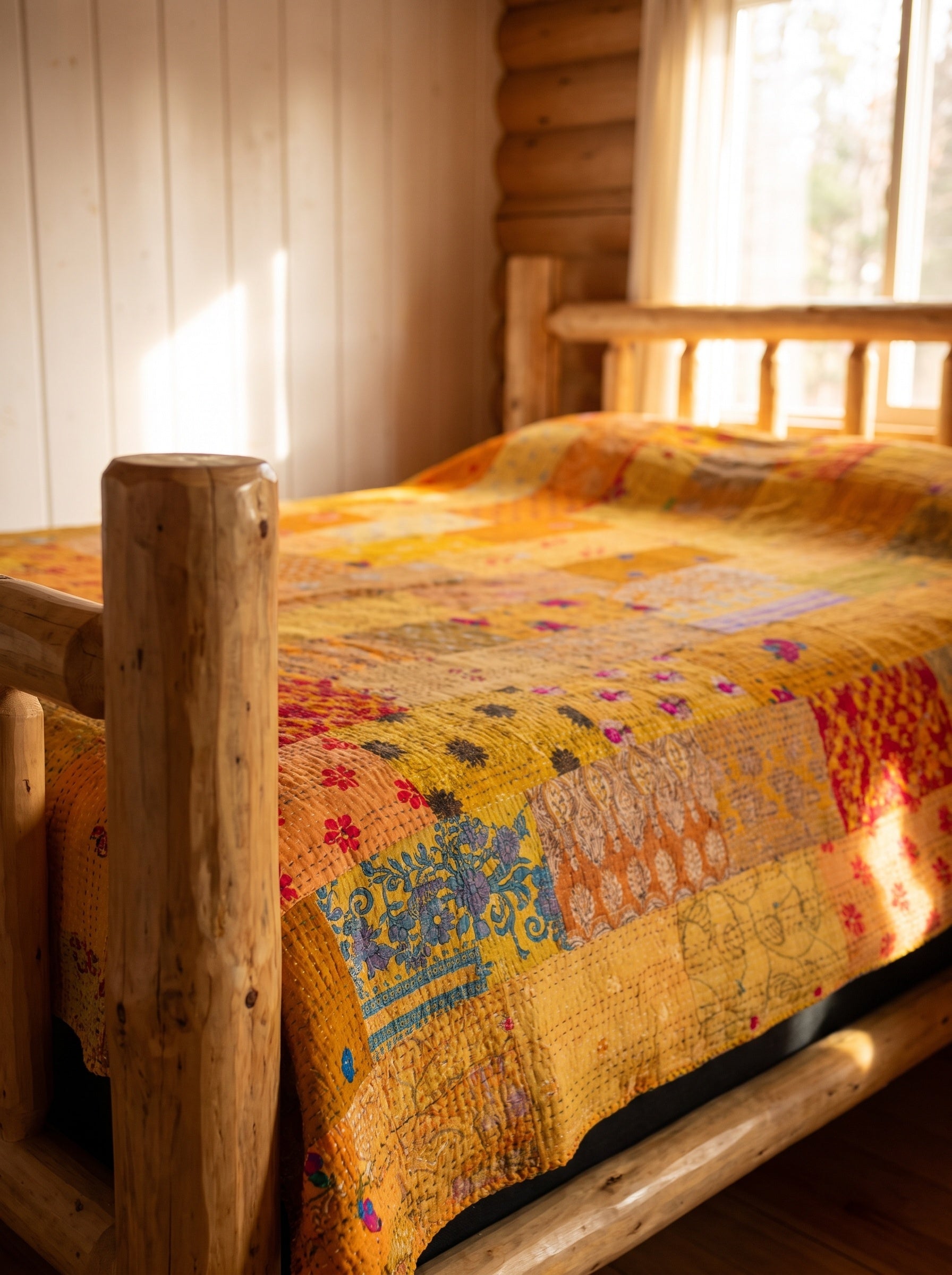 Zen Bloom Handmade Patola Kantha Queen Bedspread