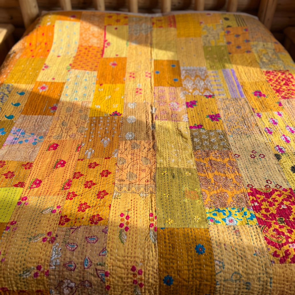 Zen Bloom Handmade Patola Kantha Queen Bedspread