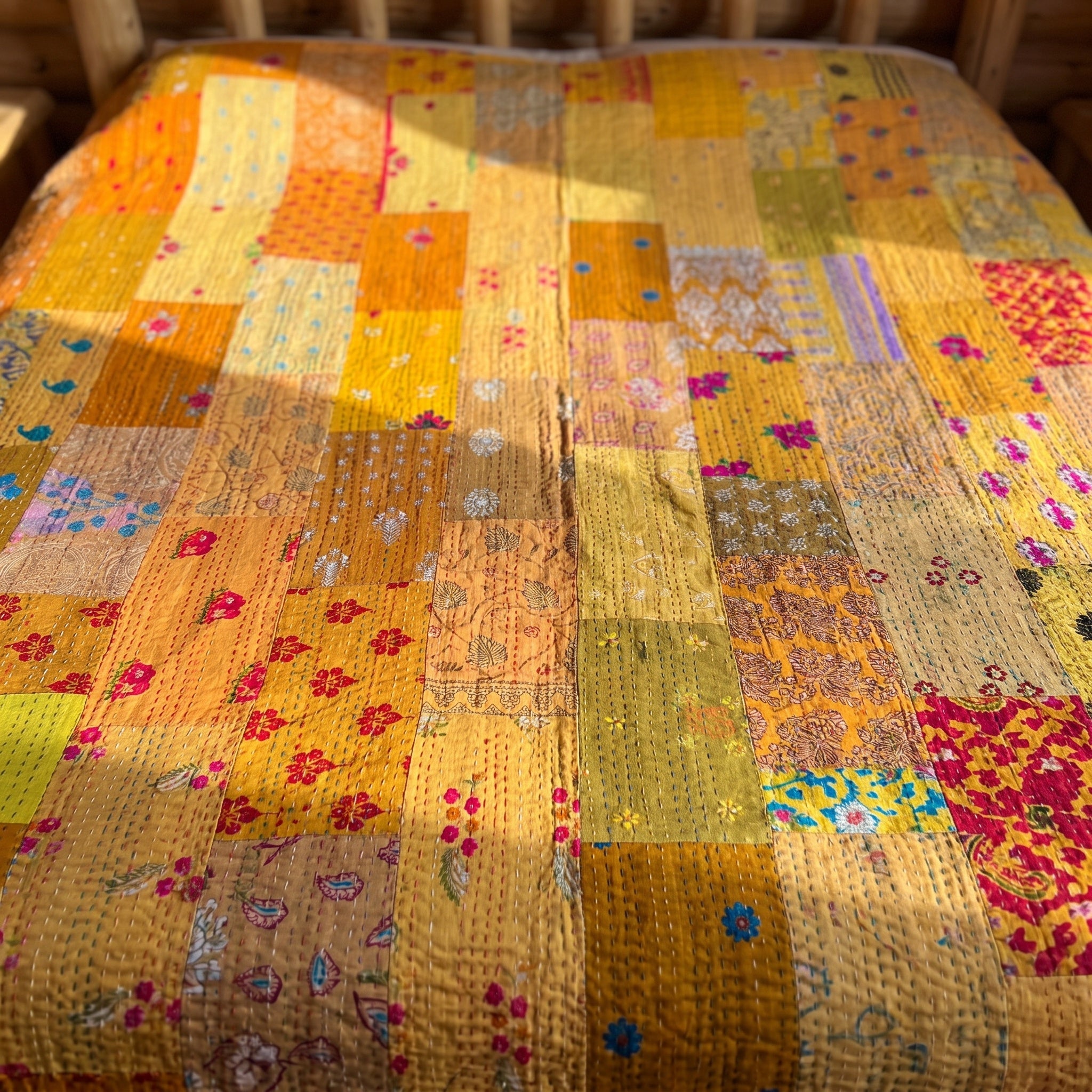 Zen Bloom Handmade Patola Kantha Queen Bedspread