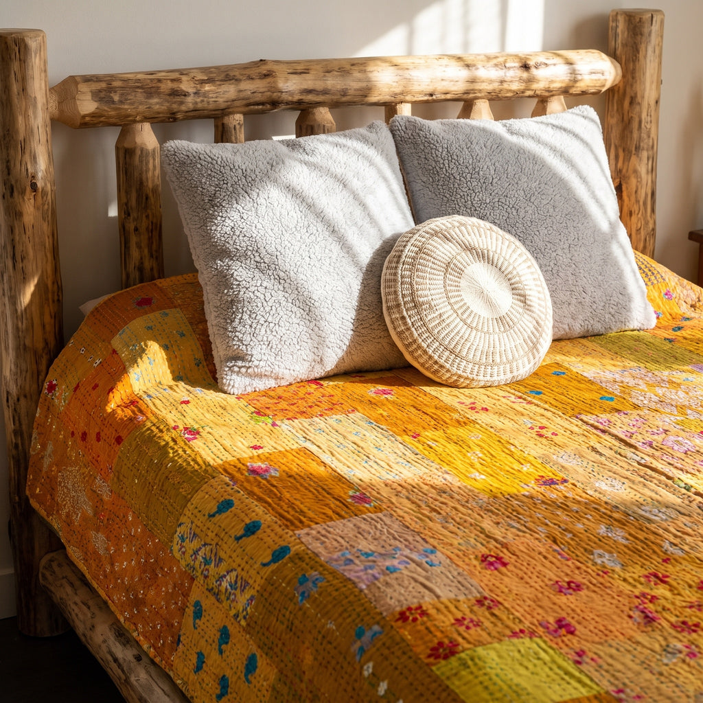 Zen Bloom Handmade Patola Kantha Queen Bedspread