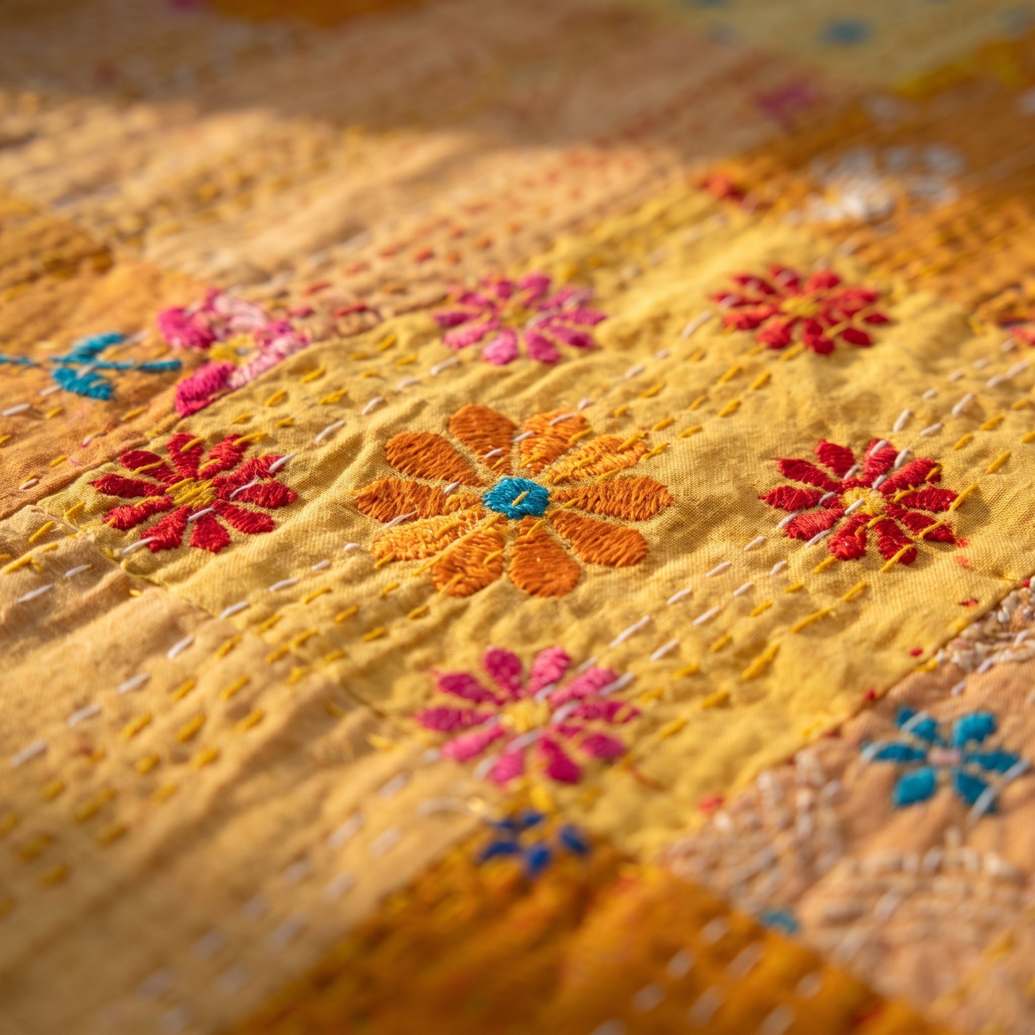 Zen Bloom Handmade Patola Kantha Queen Bedspread