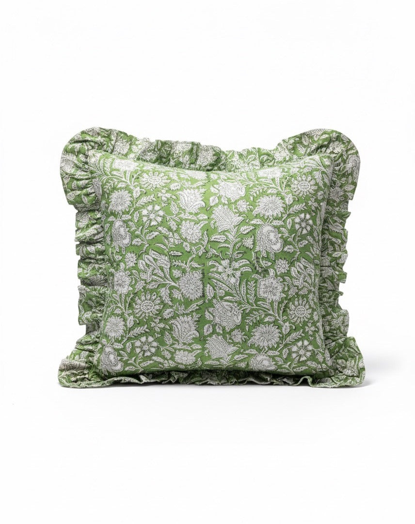 Verdant Bloom Ruffled Cotton Cushion Cover