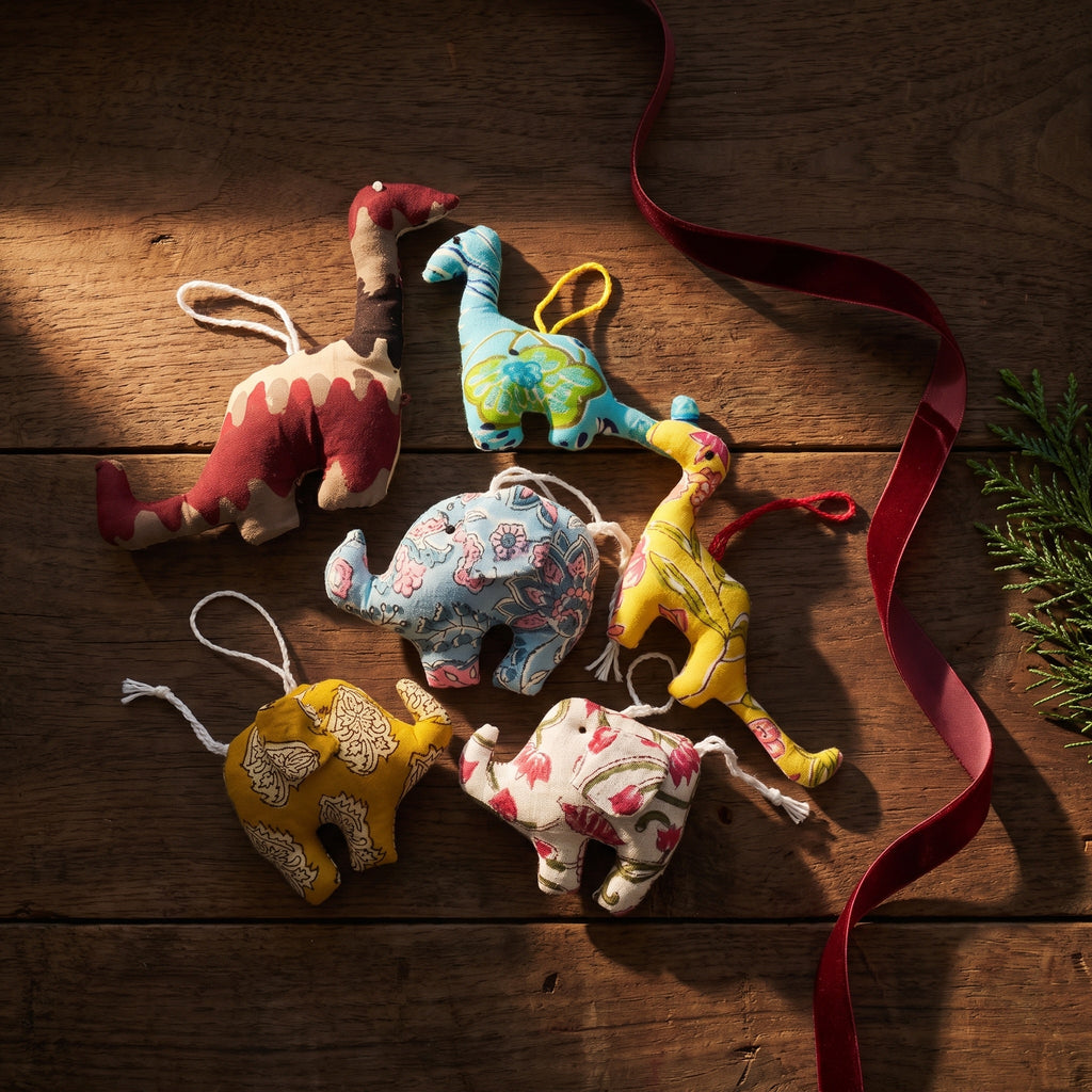 Handcrafted Cotton Elephant and Dinosaur Christmas Ornaments, Pack of 6