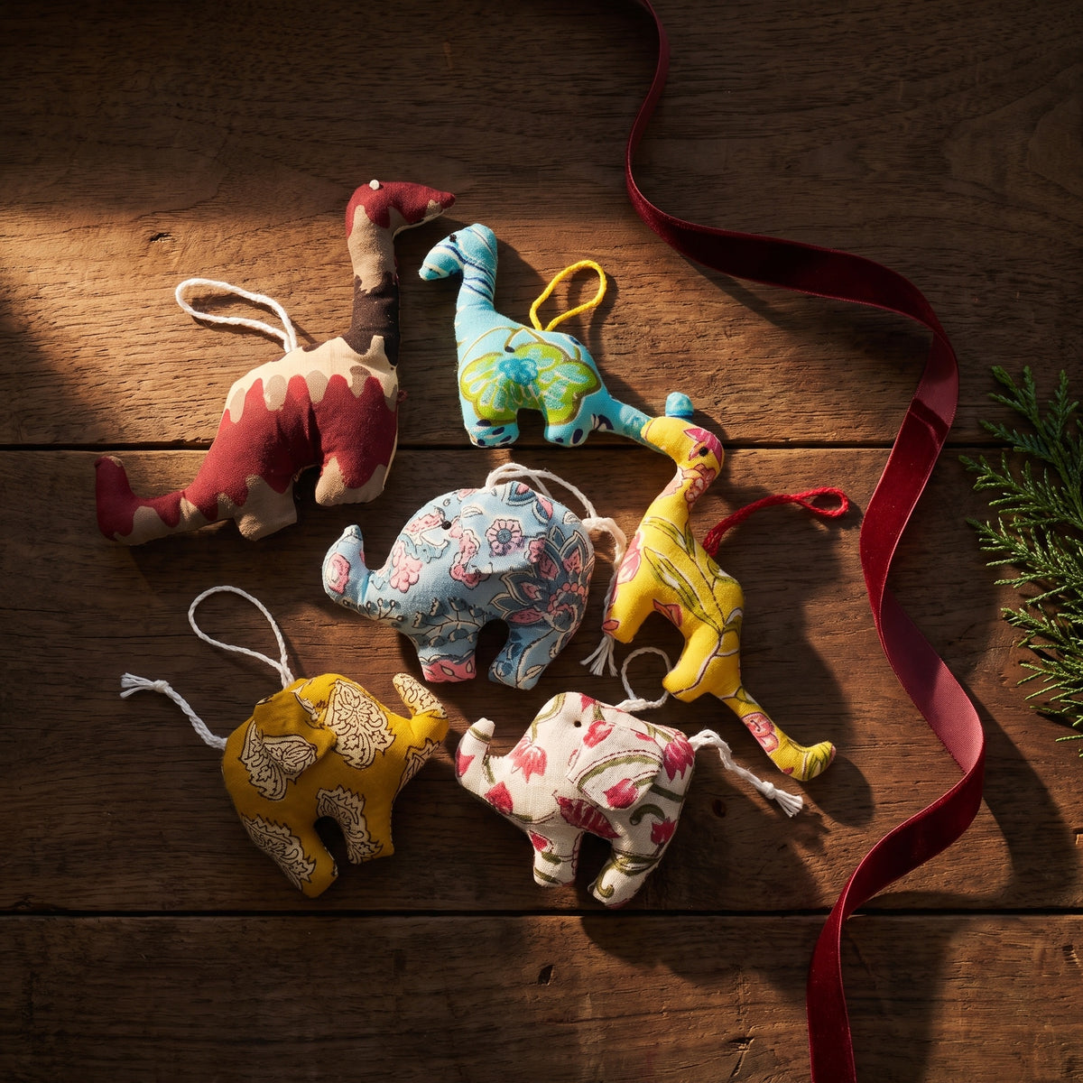 Handcrafted Cotton Elephant and Dinosaur Christmas Ornaments, Pack of 6