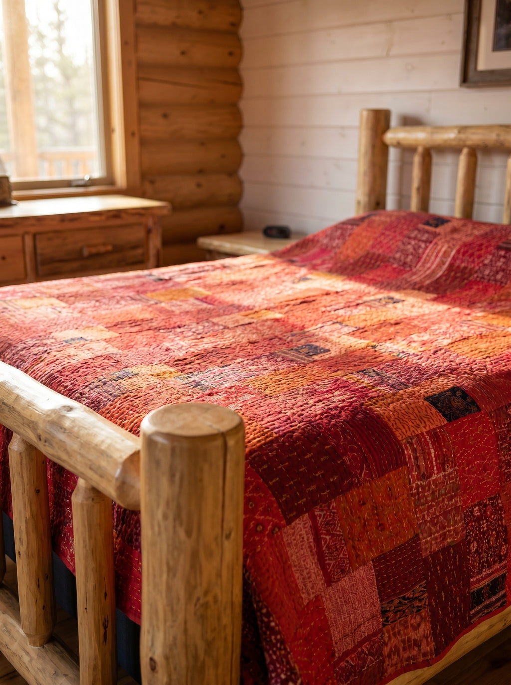 Crimson Tide Handmade Patola Kantha Bedspread