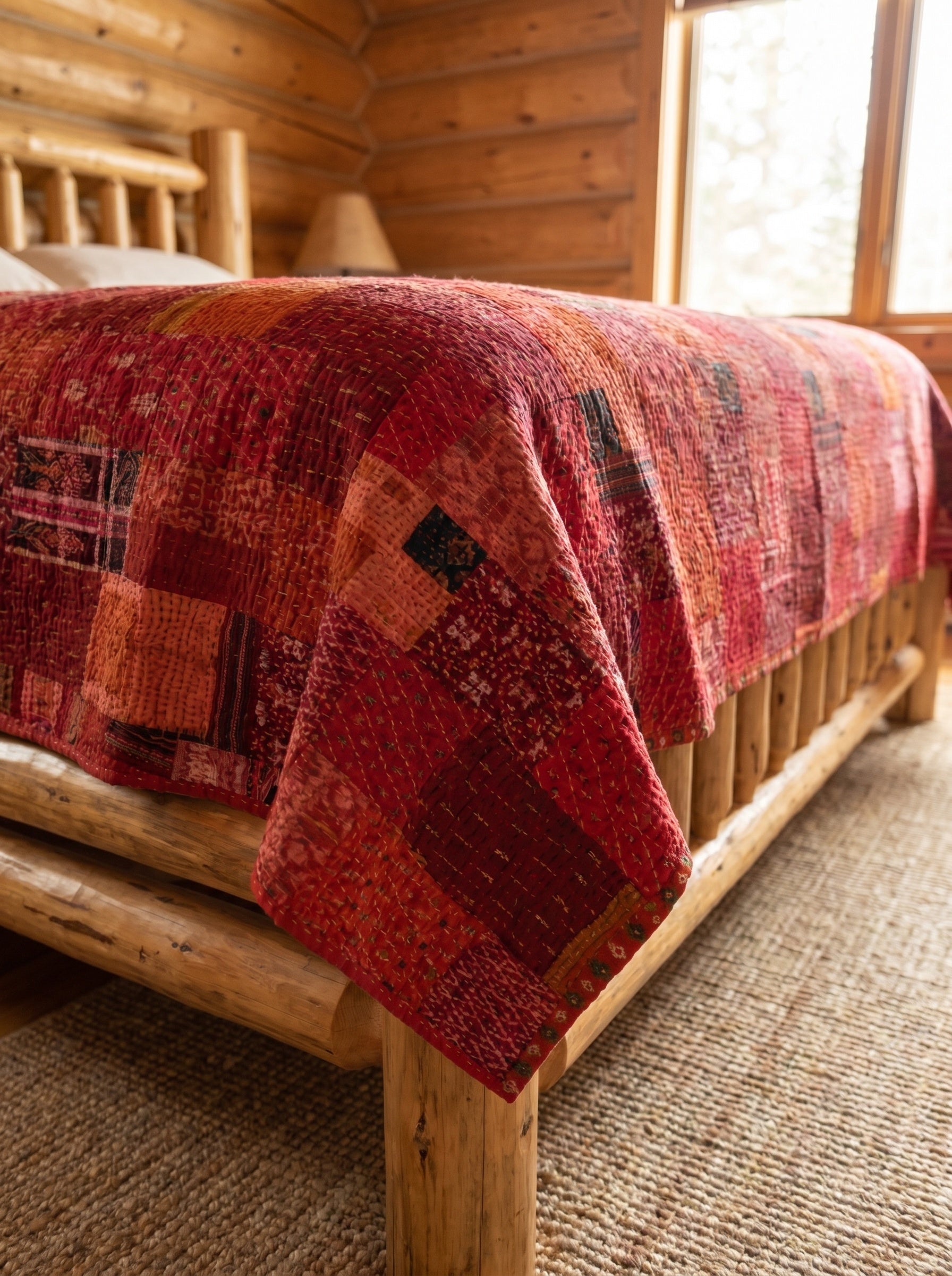 Crimson Tide Handmade Patola Kantha Bedspread