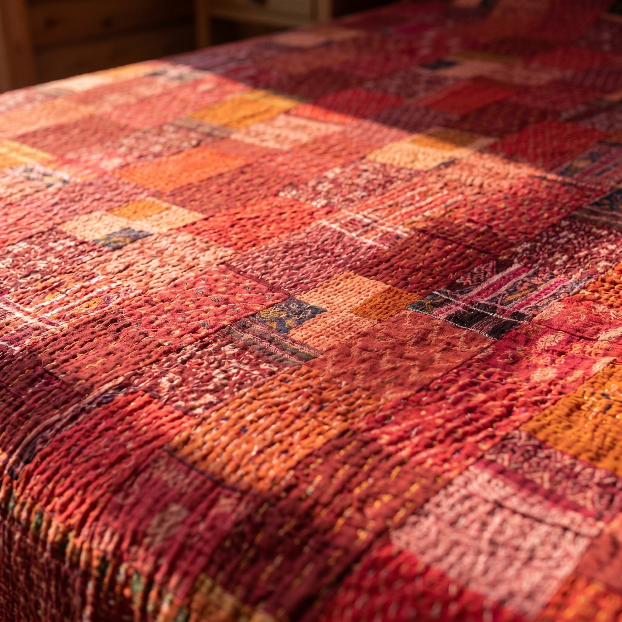 Crimson Tide Handmade Patola Kantha Bedspread
