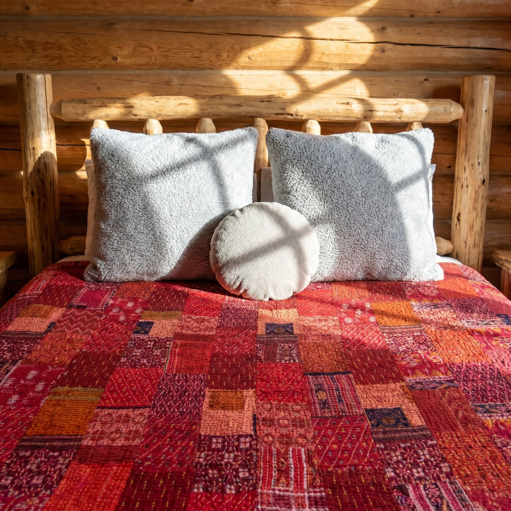 Crimson Tide Handmade Patola Kantha Bedspread