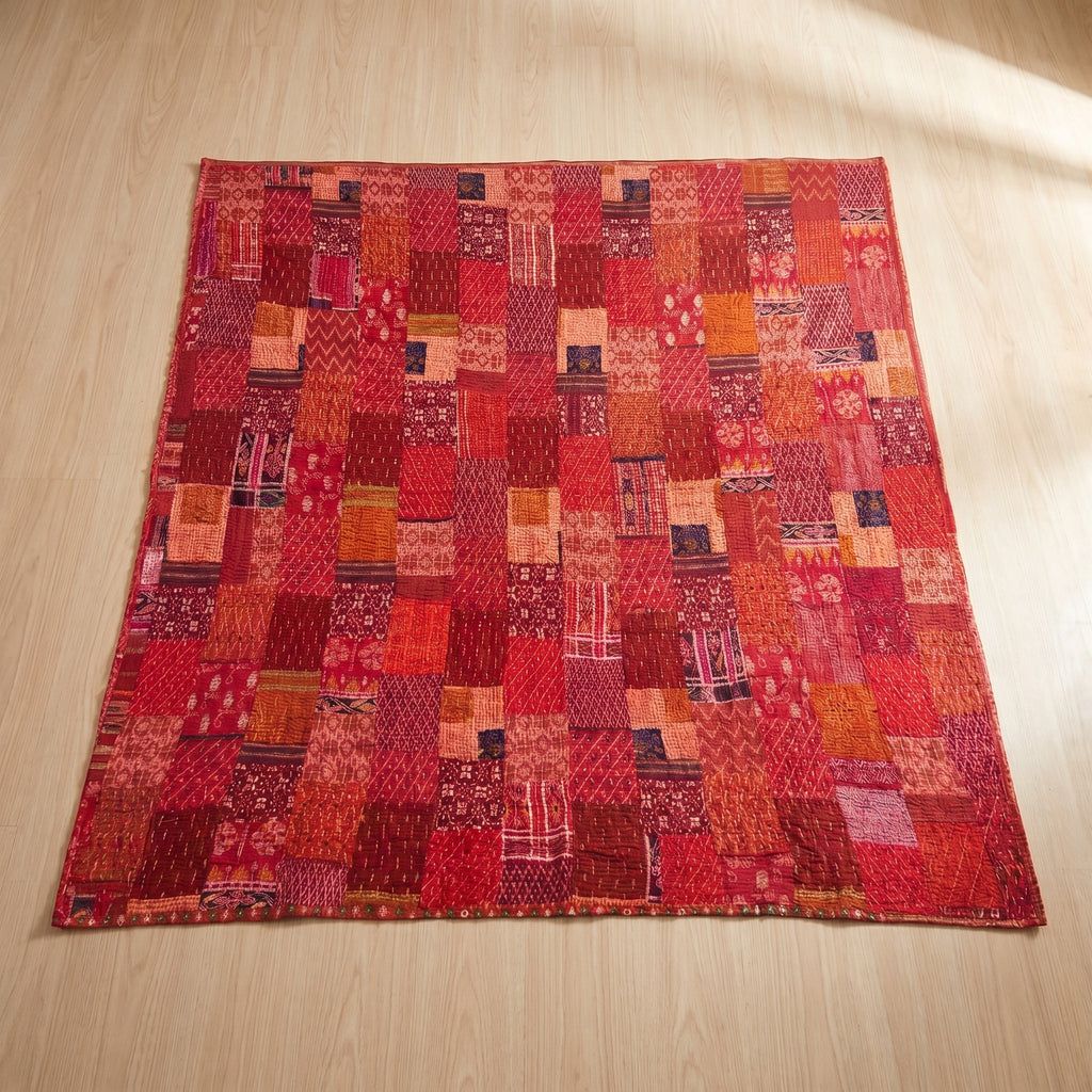 Crimson Tide Handmade Patola Kantha Bedspread