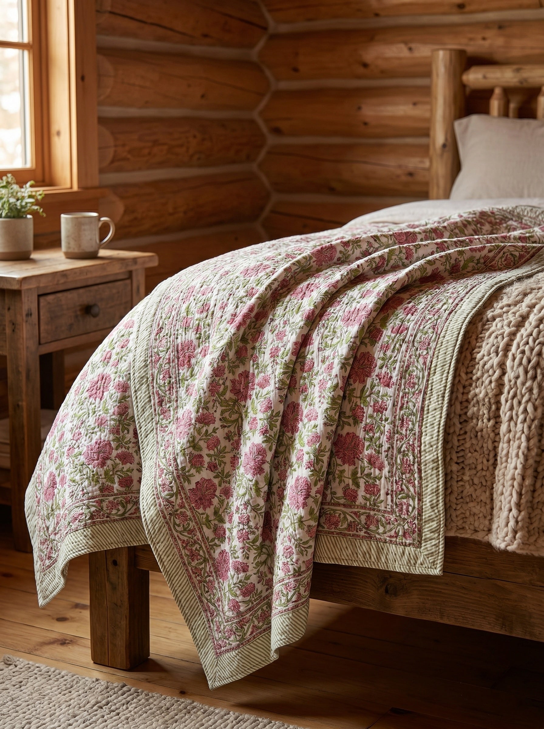 Whispering Fern Handmade Kantha Queen Bedsheet
