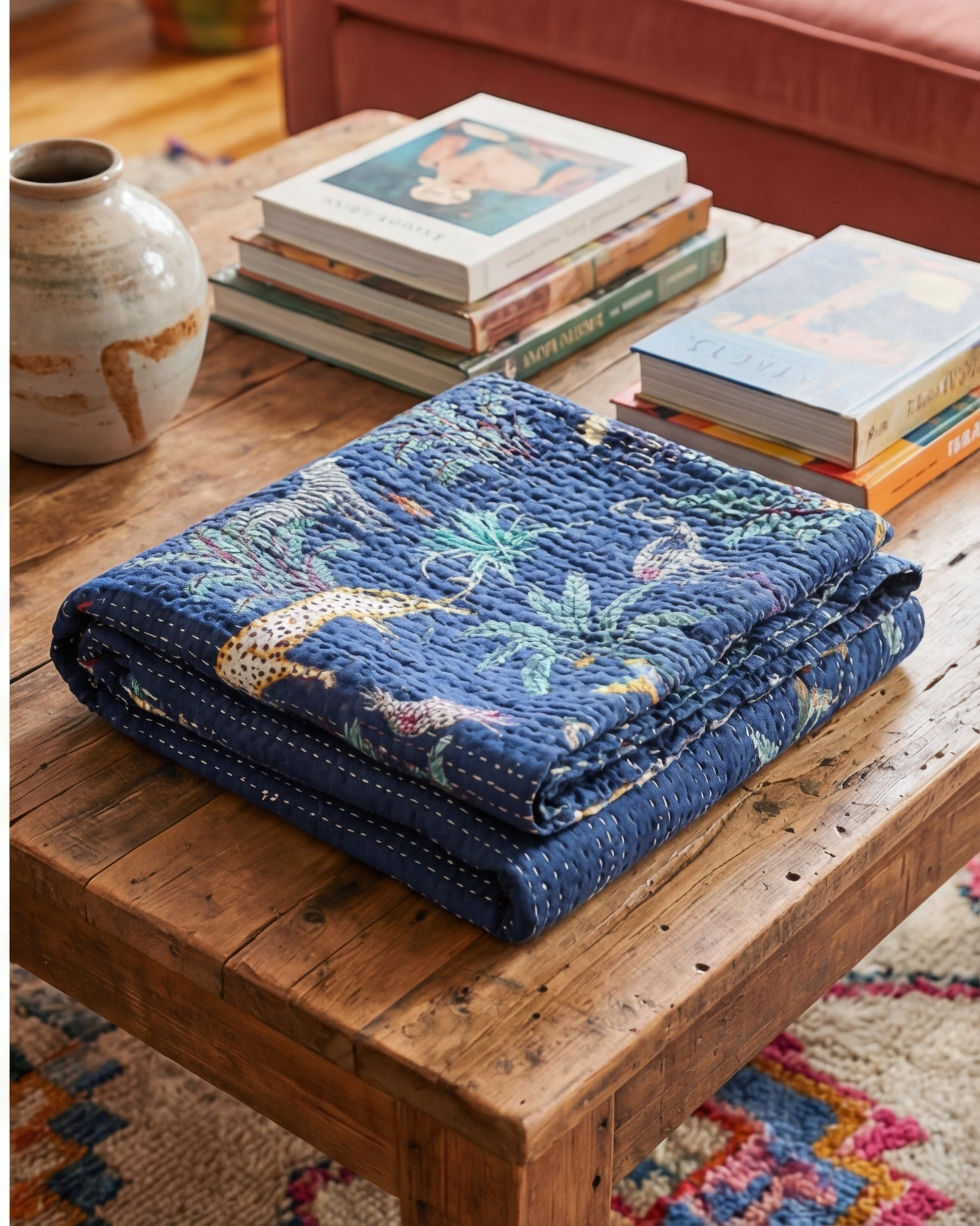 Wild Blue Forest Safari Grand Kantha throw
