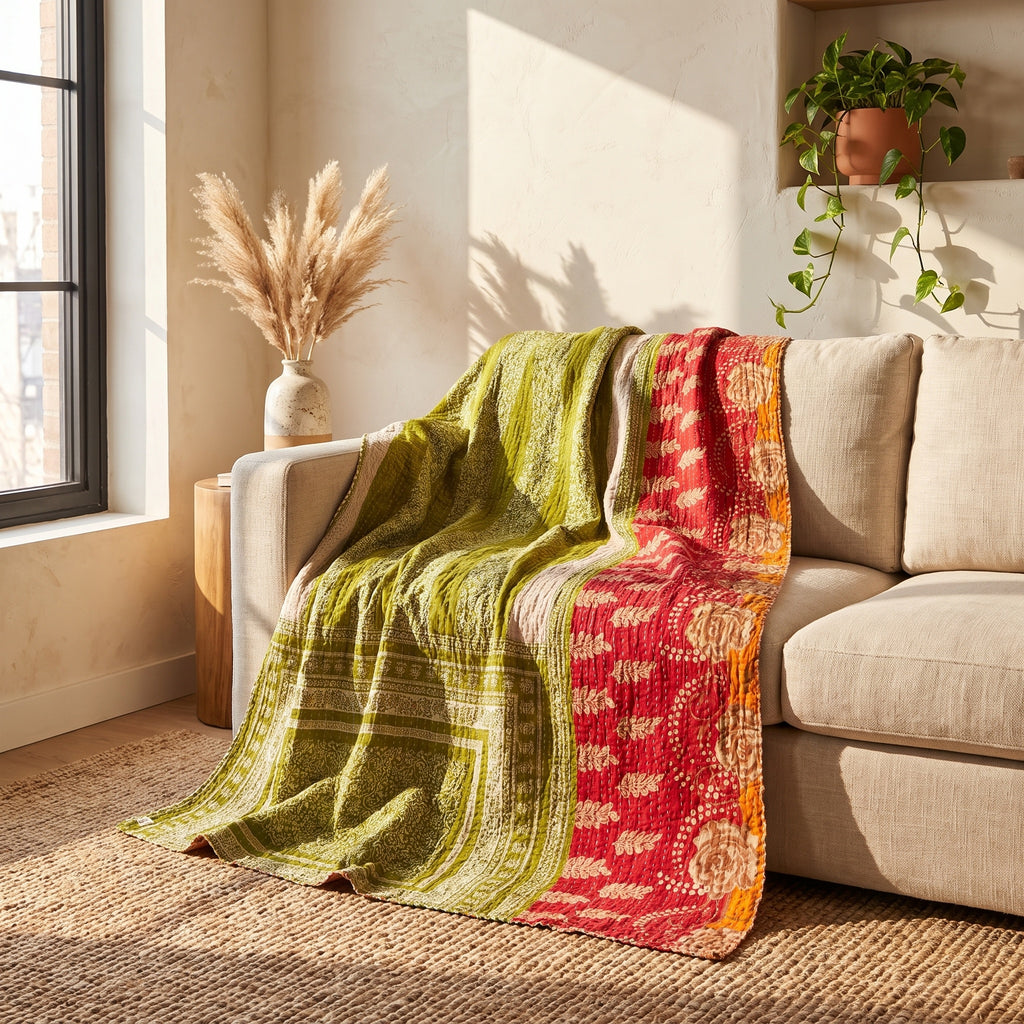 Terracotta Dream Vintage Cotton Kantha Throw