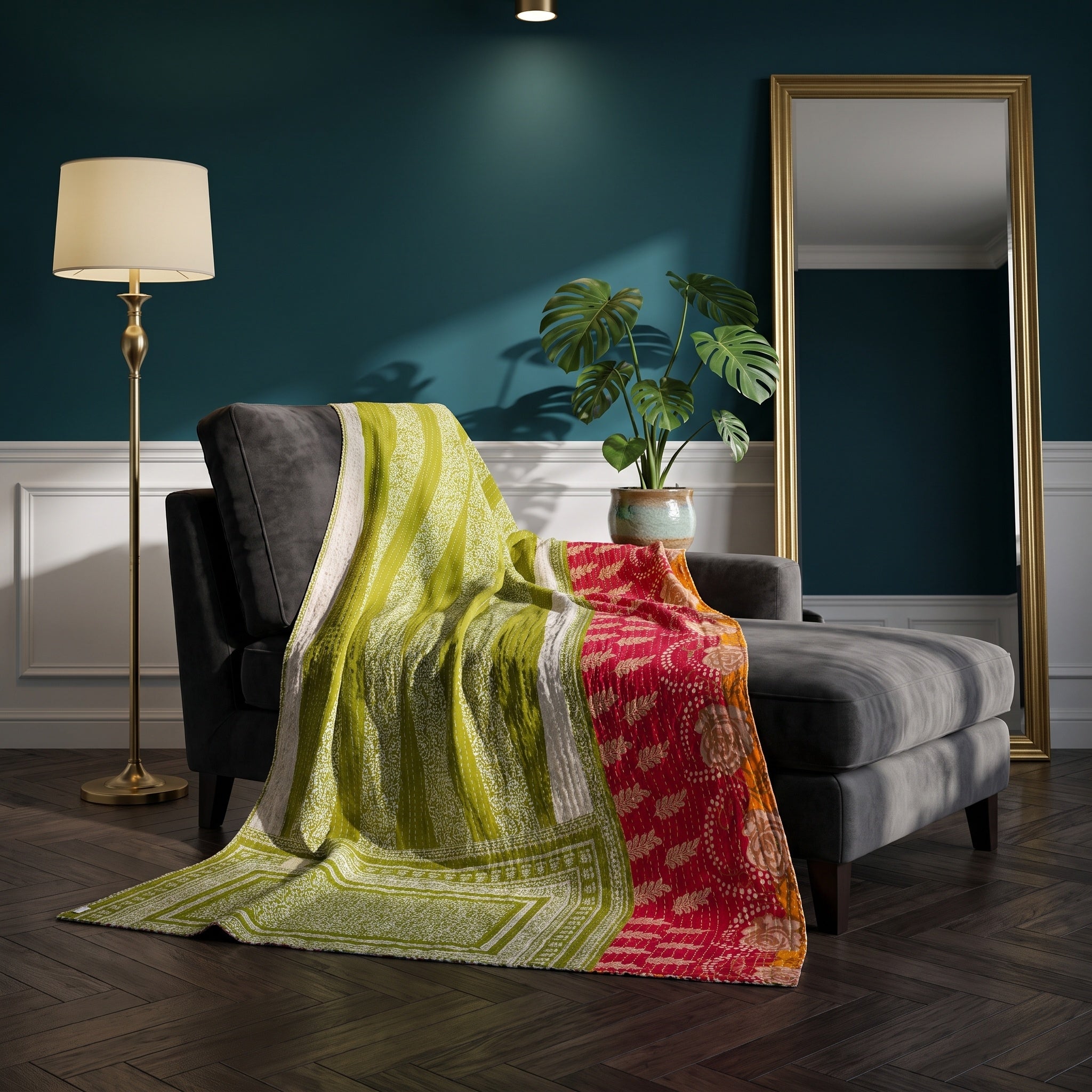 Jeté de lit Kantha en coton vieilli Terracotta Dream