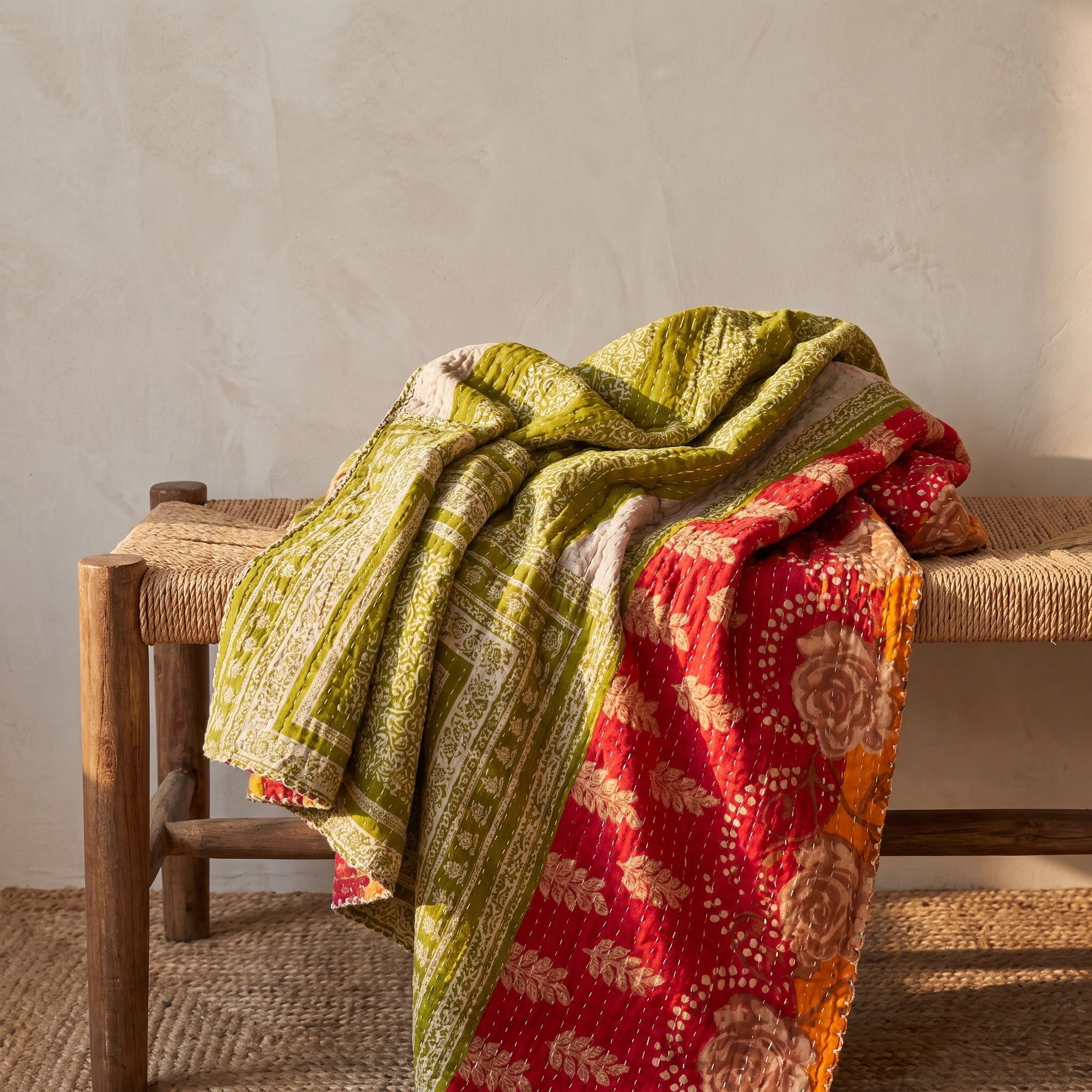 Jeté de lit Kantha en coton vieilli Terracotta Dream