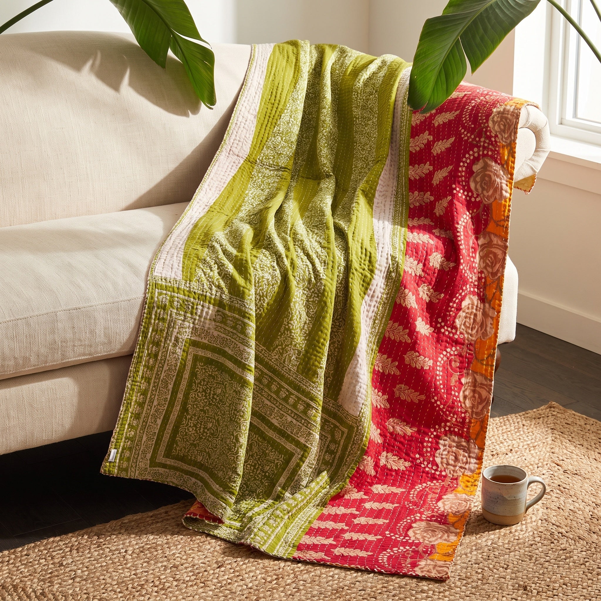 Jeté de lit Kantha en coton vieilli Terracotta Dream