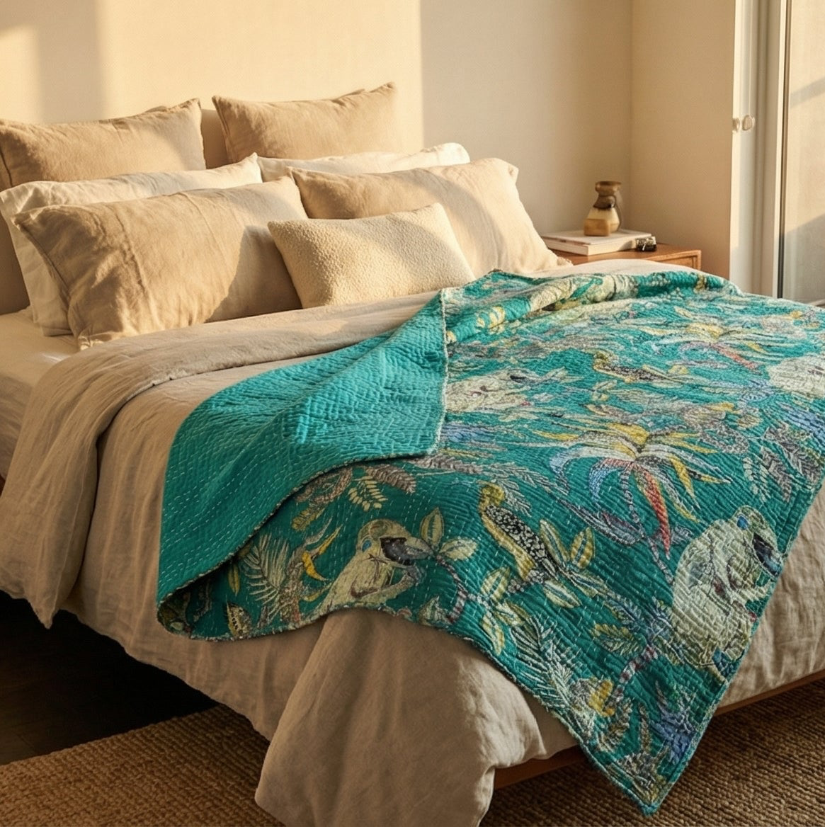 Emerald Canopy Cotton Hand-Made Kantha Throw Blanket