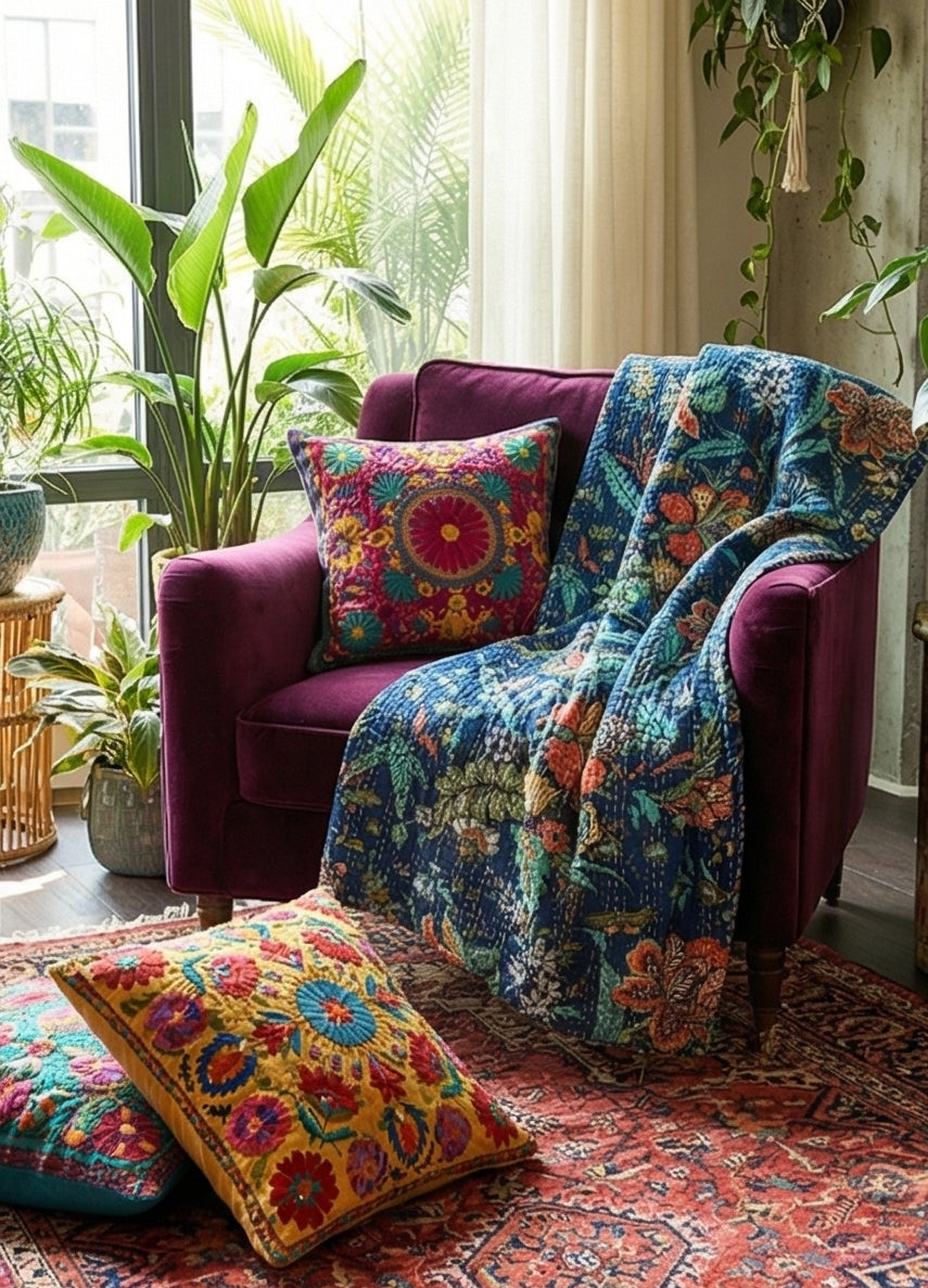 The Midnight Garden Cotton Hand-Made Kantha Throw Blanket