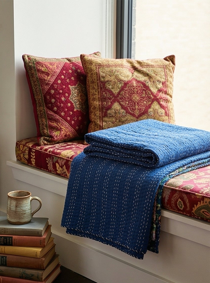 The Midnight Garden Cotton Hand-Made Kantha Throw Blanket