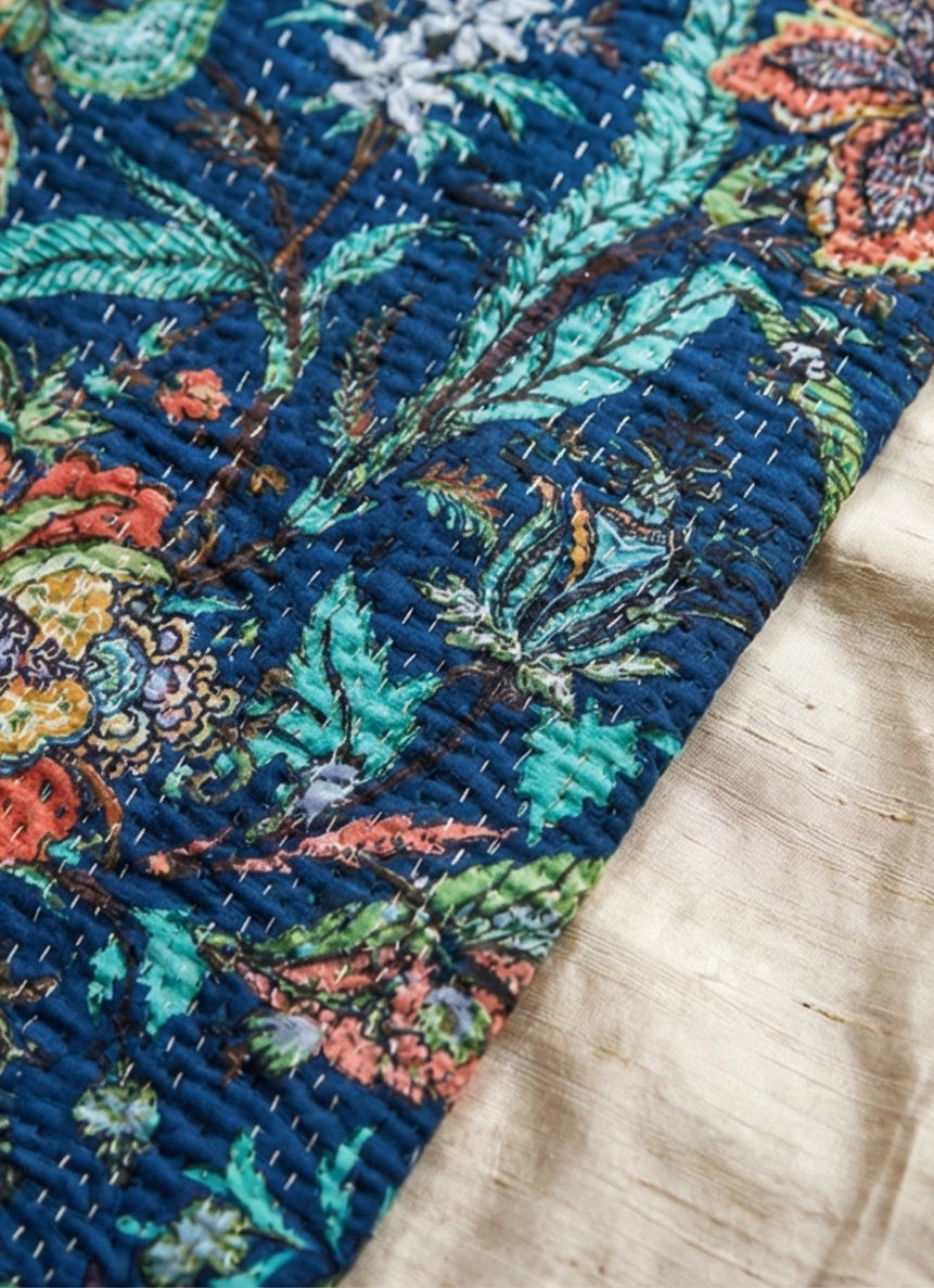 The Midnight Garden Cotton Hand-Made Kantha Throw Blanket