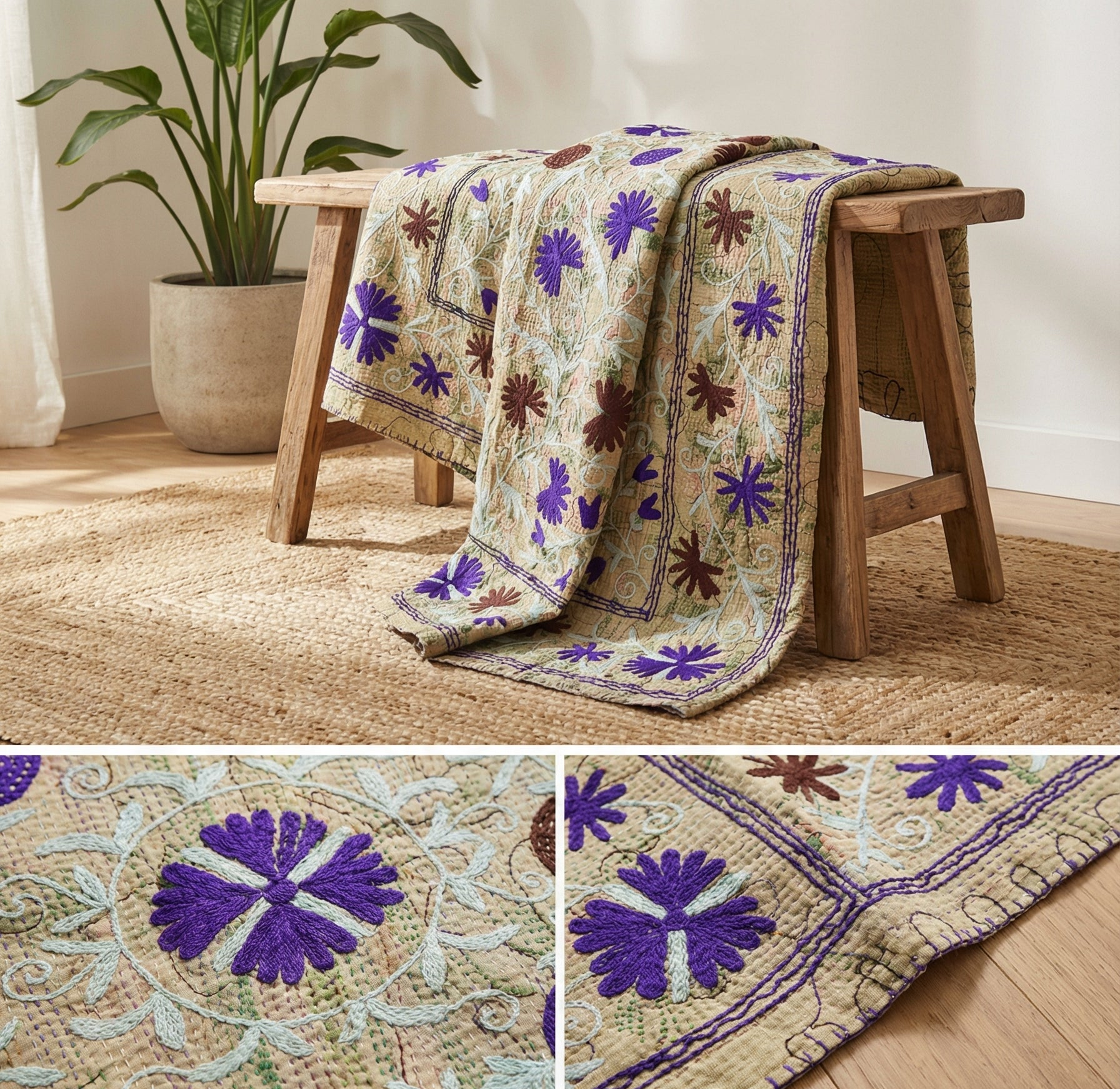 Amethyst Vine Luxury Vintage Suzani Kantha Throw Blanket