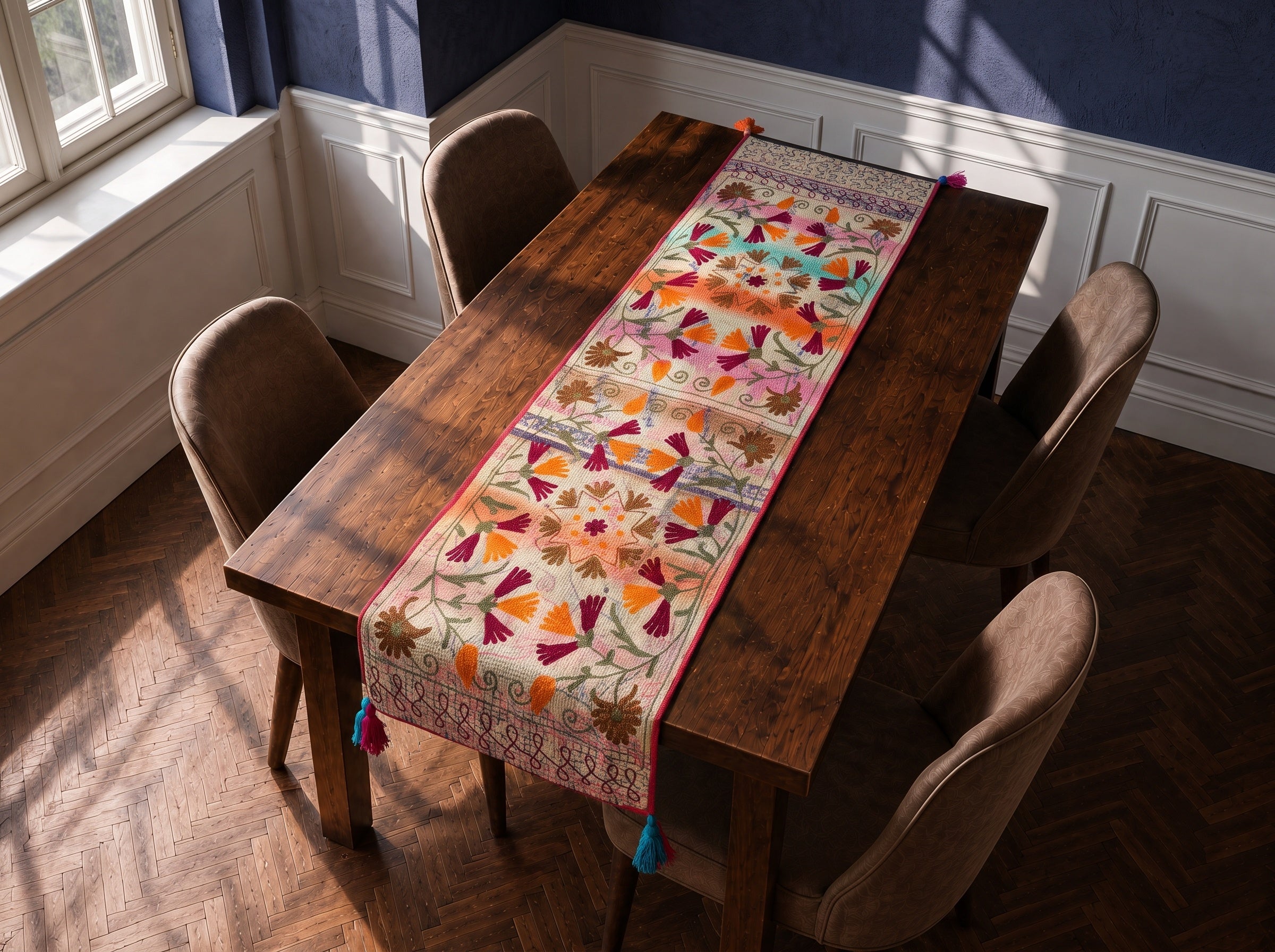 Garden Reverie Exclusive Hand Embroidered Suzani Kantha Runner