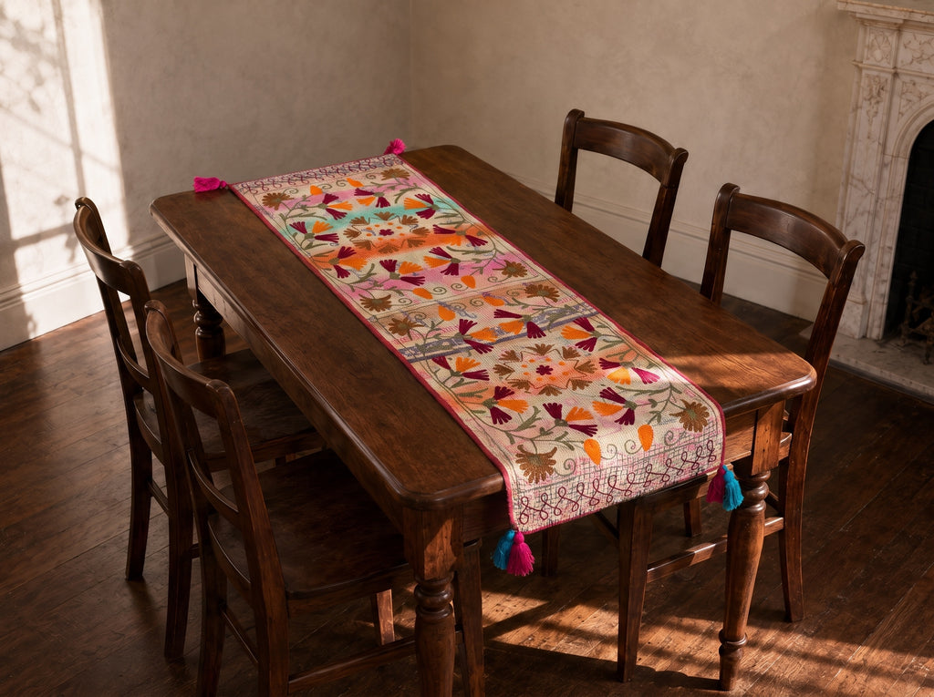 Garden Reverie Exclusive Hand Embroidered Suzani Kantha Runner
