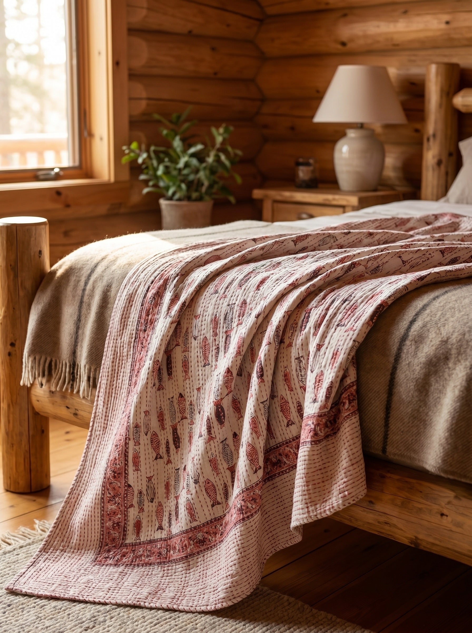 Mist Cobalt Handmade Kantha Queen Bedsheet