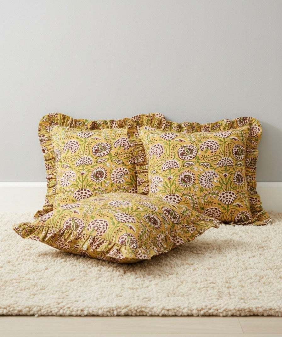 Golden Meadow Ruffled Cotton Cushion Cover