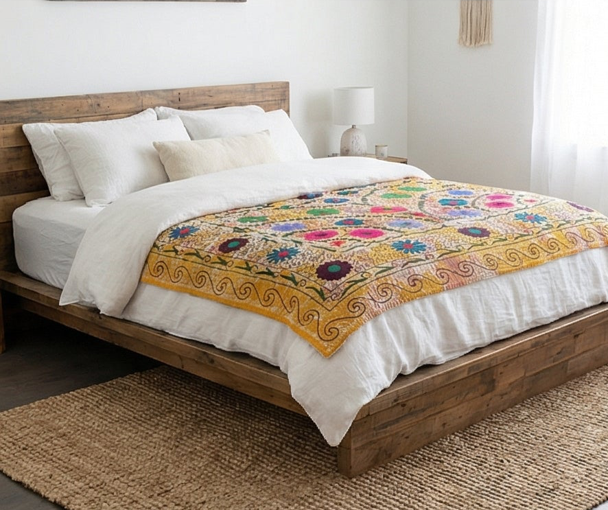 Golden Sunshine Luxury Vintage Suzani Kantha Throw Blanket