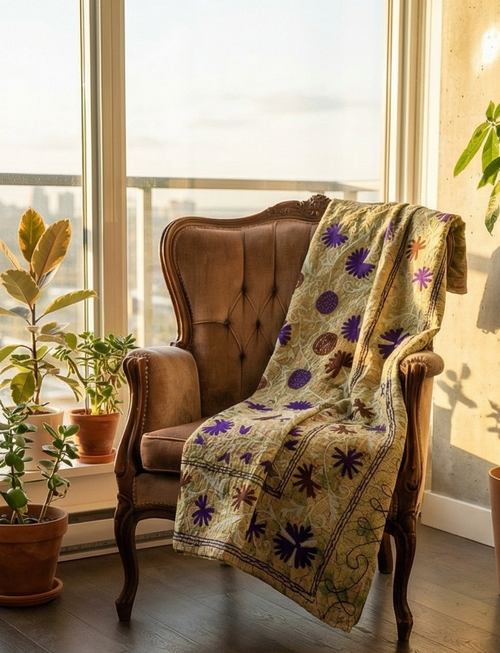 Amethyst Vine Luxury Vintage Suzani Kantha Throw Blanket