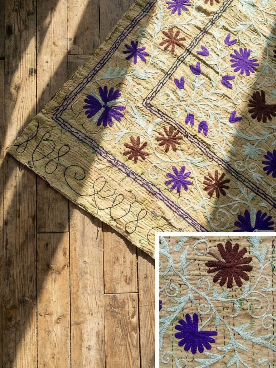 Amethyst Vine Luxury Vintage Suzani Kantha Throw Blanket