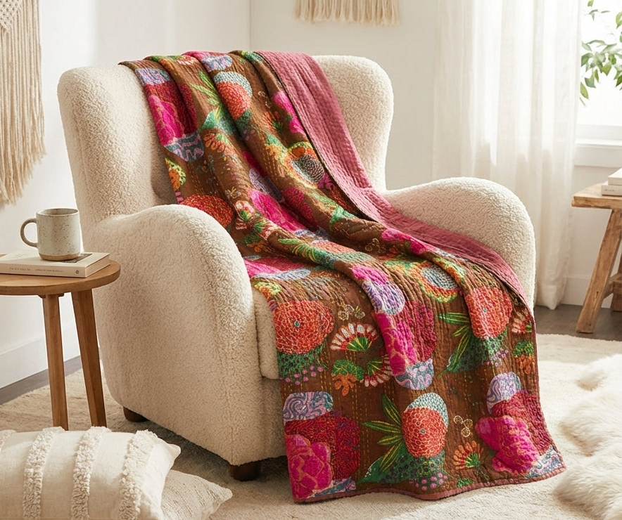 Brown Accent Reverie Cotton Hand-Made Kantha Throw Blanket
