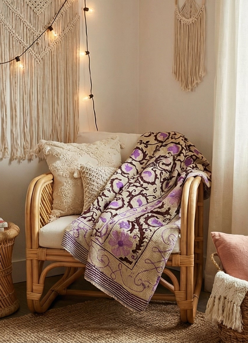 Lilac Pomegranate Vine Luxury Vintage Suzani Kantha Throw Blanket