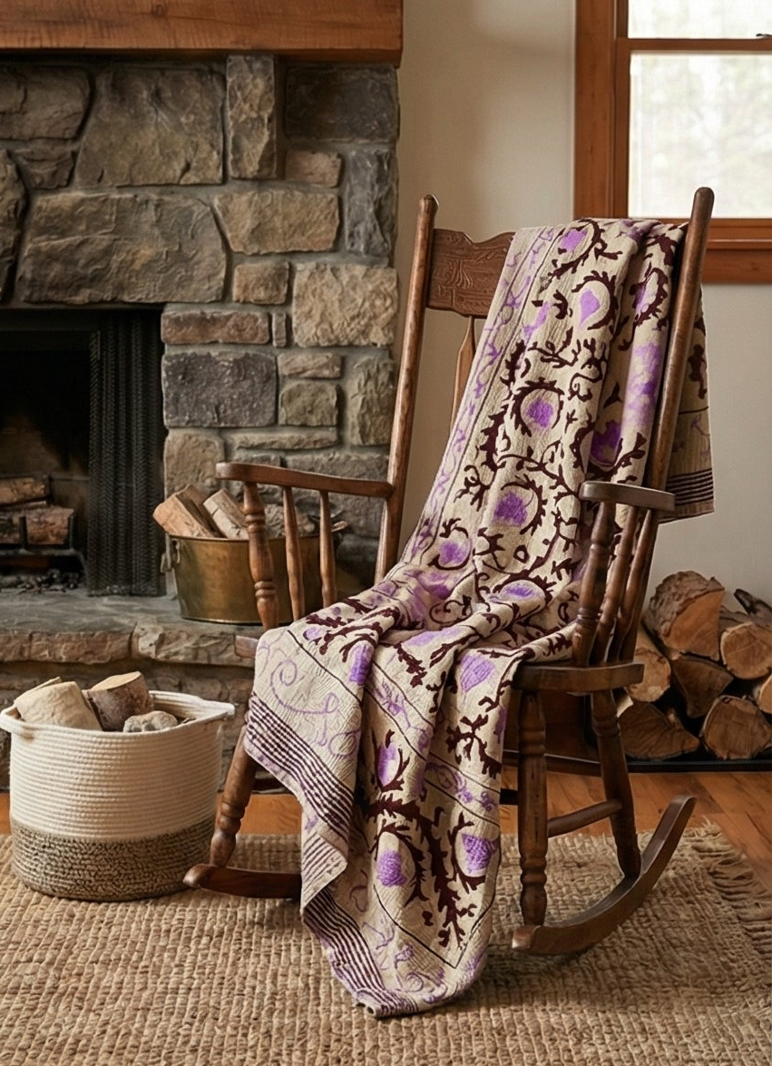 Lilac Pomegranate Vine Luxury Vintage Suzani Kantha Throw Blanket