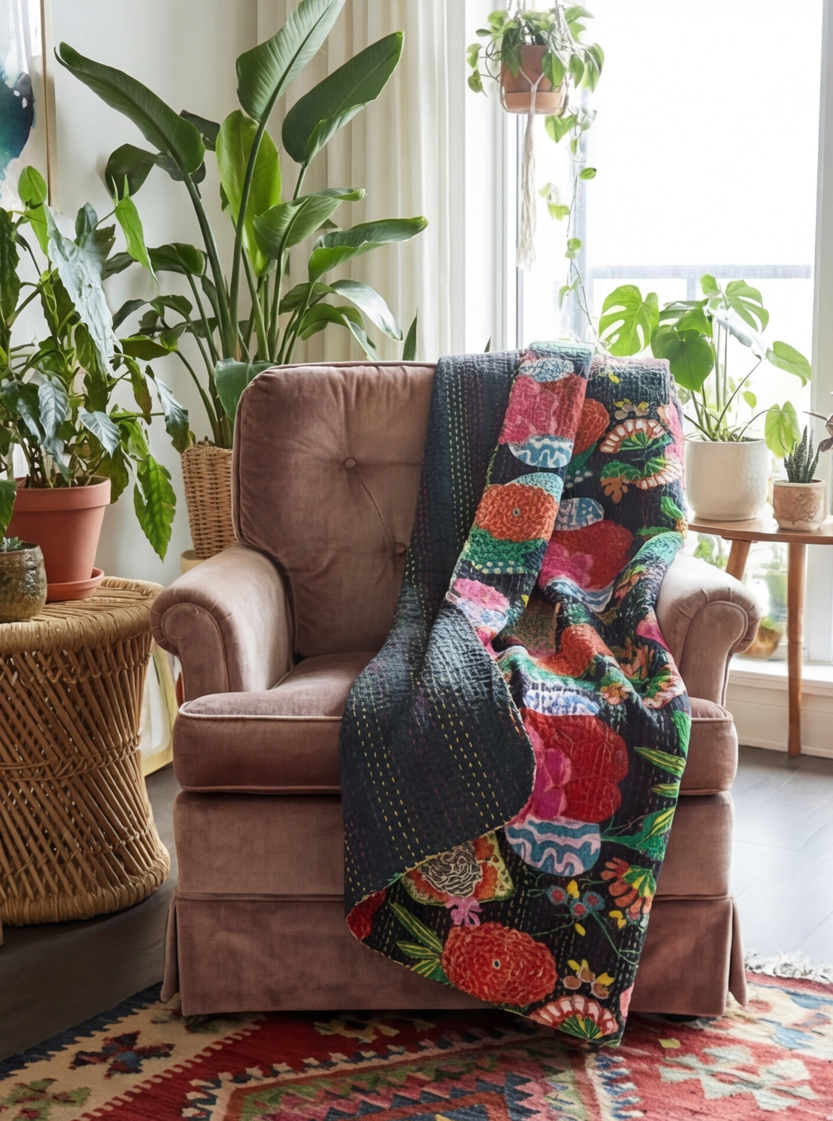 Bengal Rubellite Cotton Hand-Made Kantha Throw Blanket
