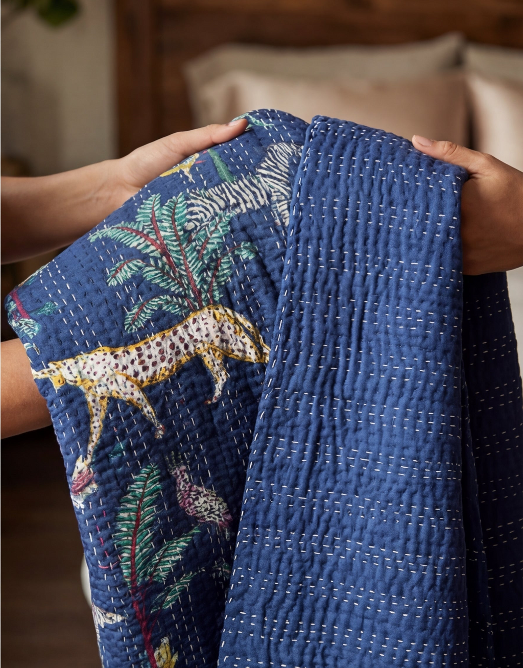 Wild Blue Forest Safari Grand Kantha throw