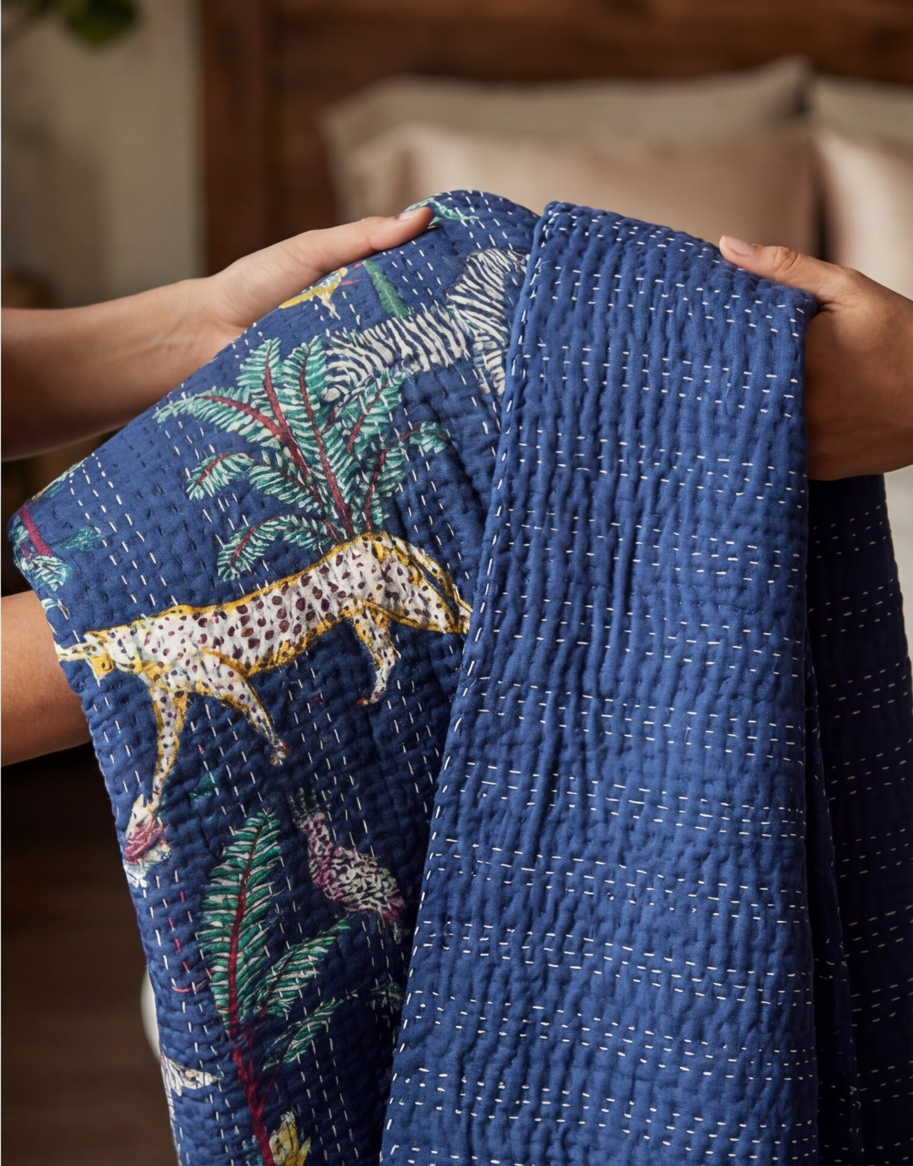 Wild Blue Forest Safari Grand Kantha throw
