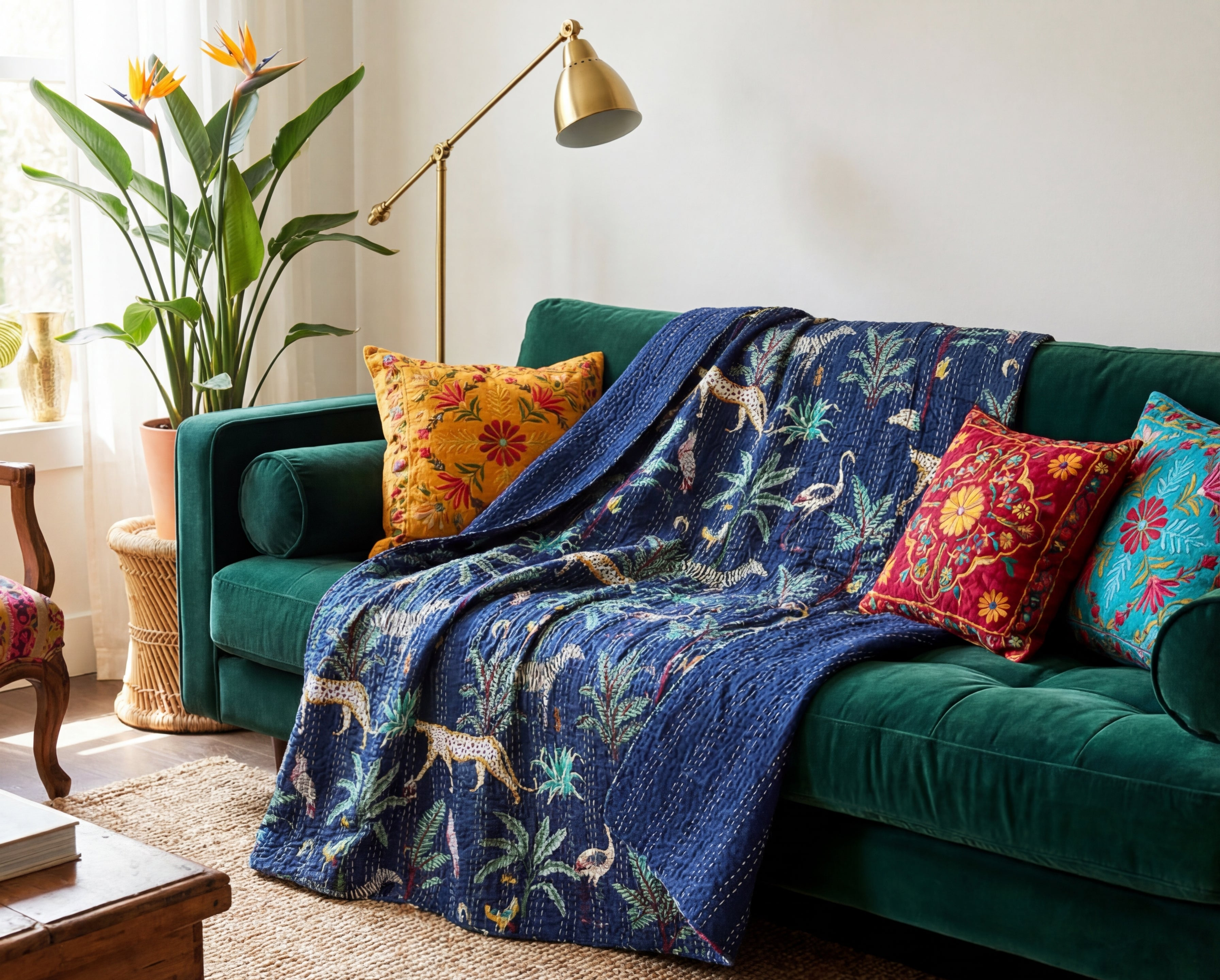 Wild Blue Forest Safari Grand Kantha throw