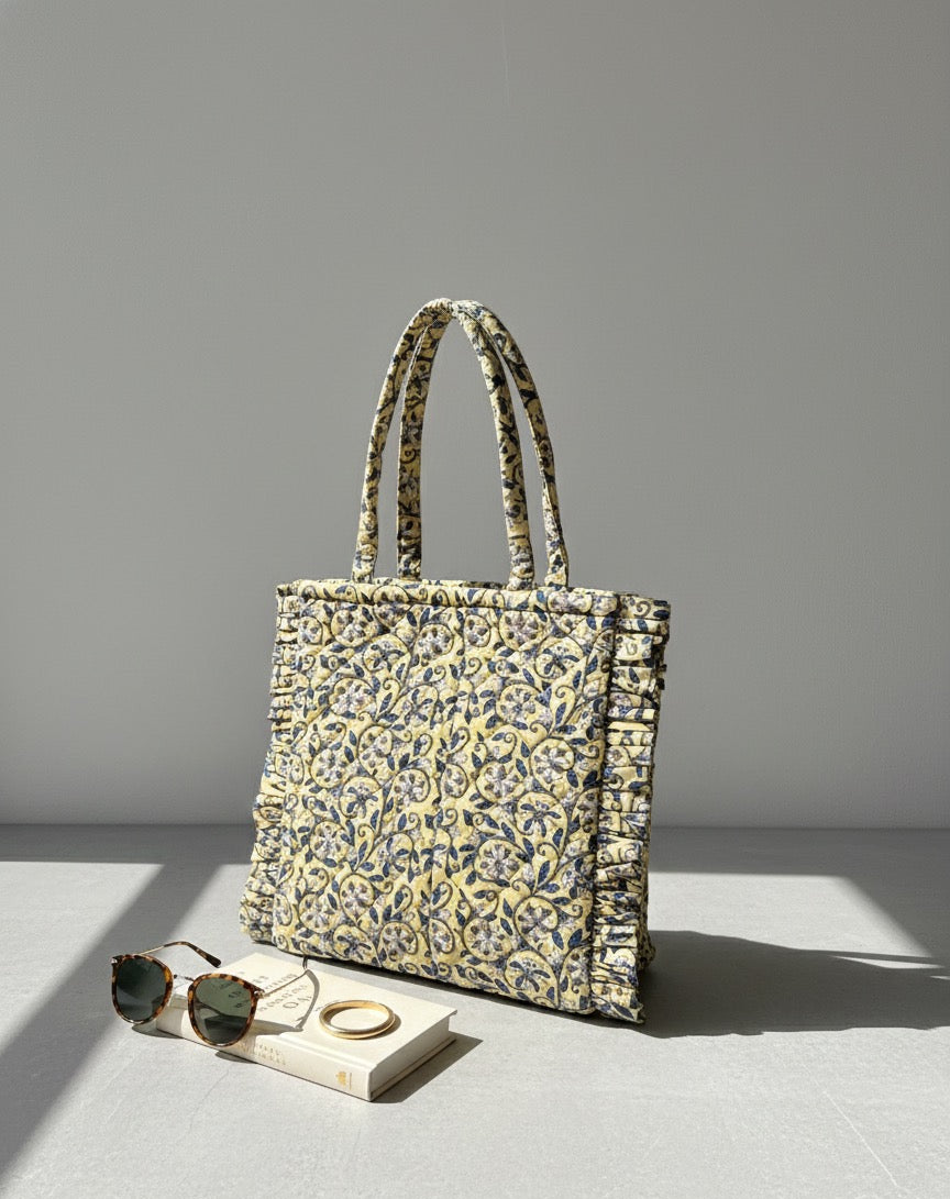 Yellow Floral Ruffle Tote Bag