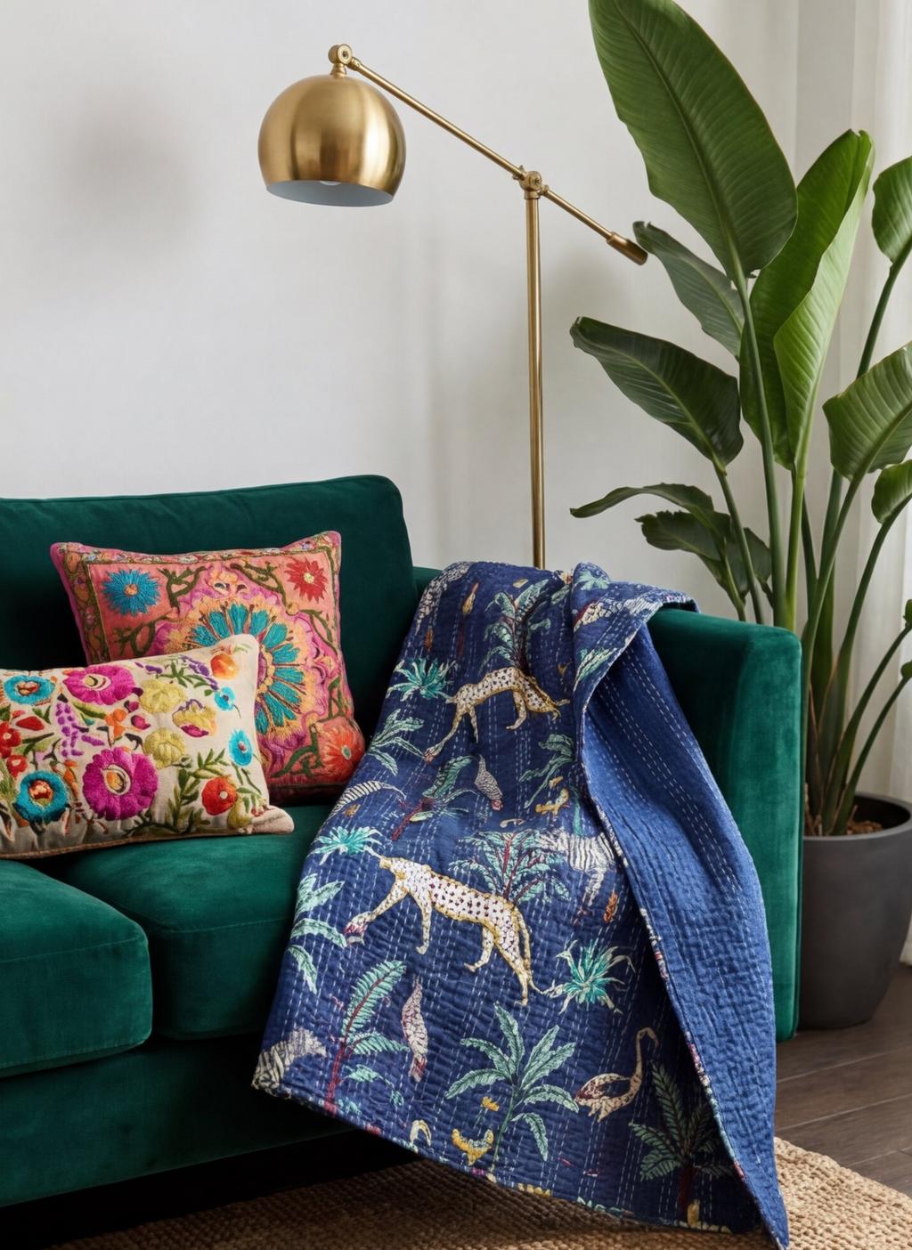 Wild Blue Forest Safari Grand Kantha throw