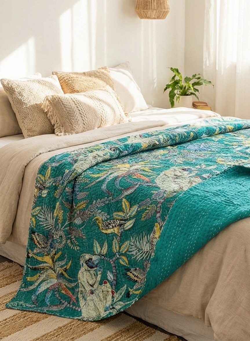 Emerald Canopy Cotton Hand-Made Kantha Throw Blanket