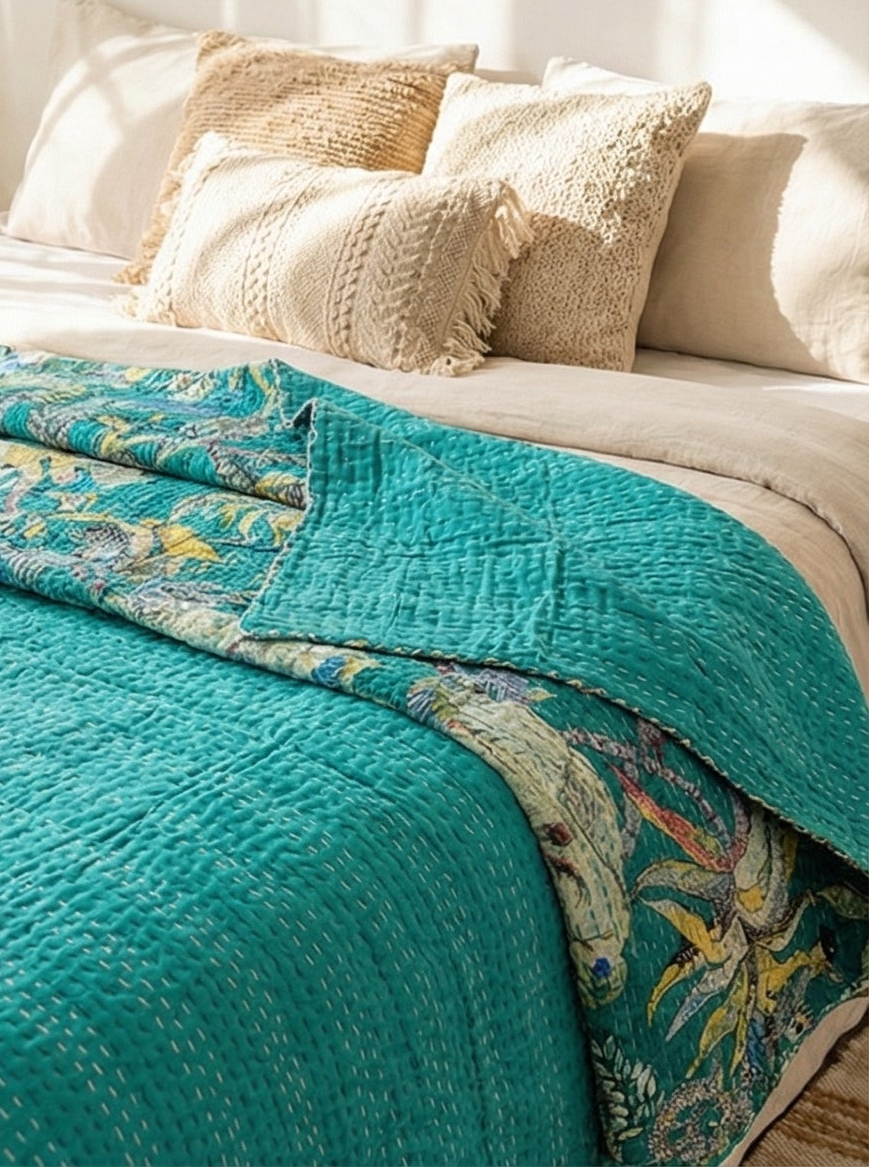 Emerald Canopy Cotton Hand-Made Kantha Throw Blanket