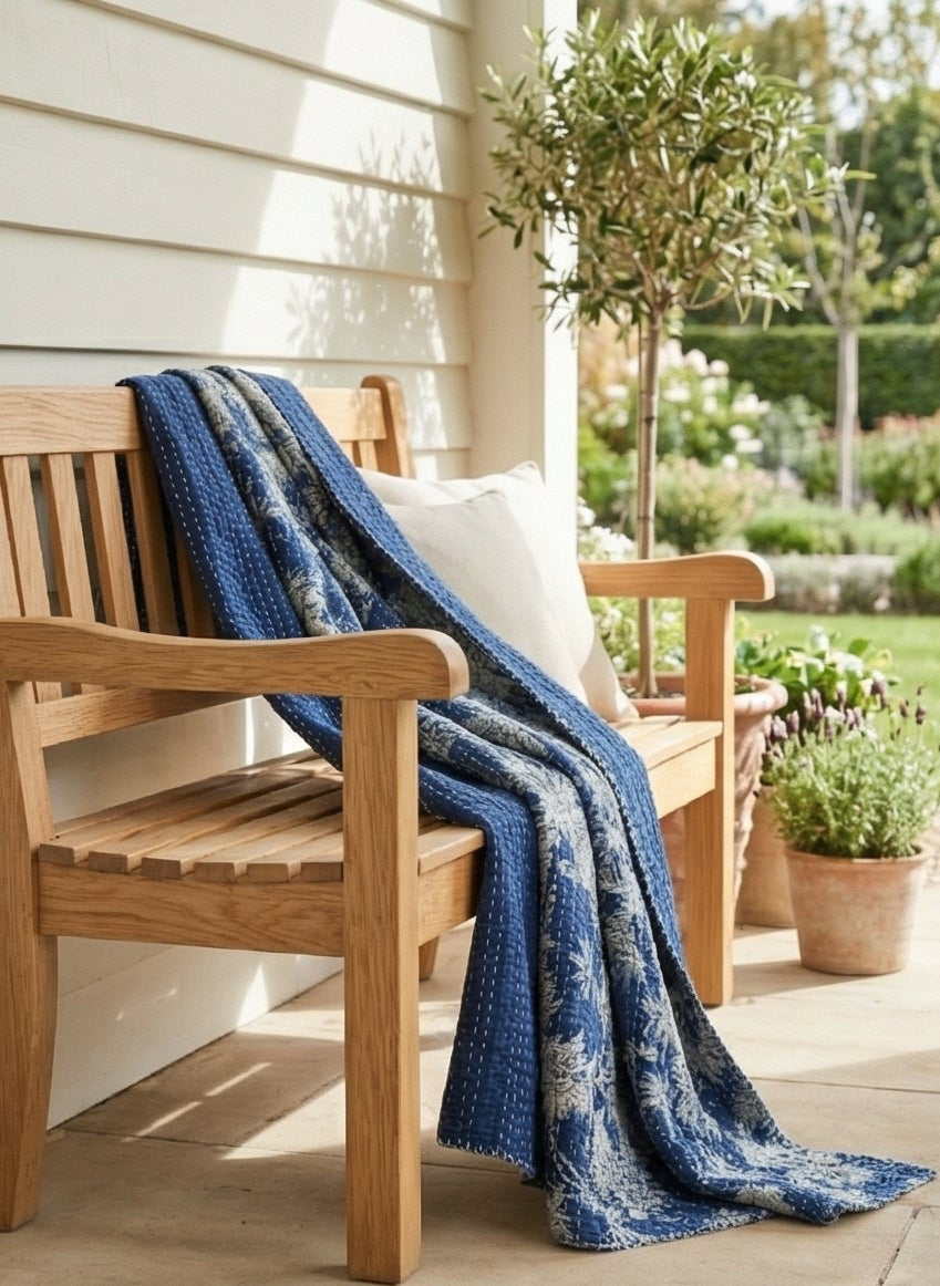 Indigo Wild Orchid Cotton Hand-Made Kantha Throw Blanket