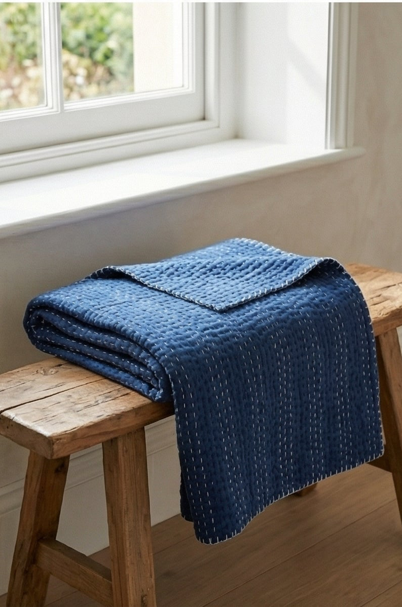 Indigo Wild Orchid Cotton Hand-Made Kantha Throw Blanket