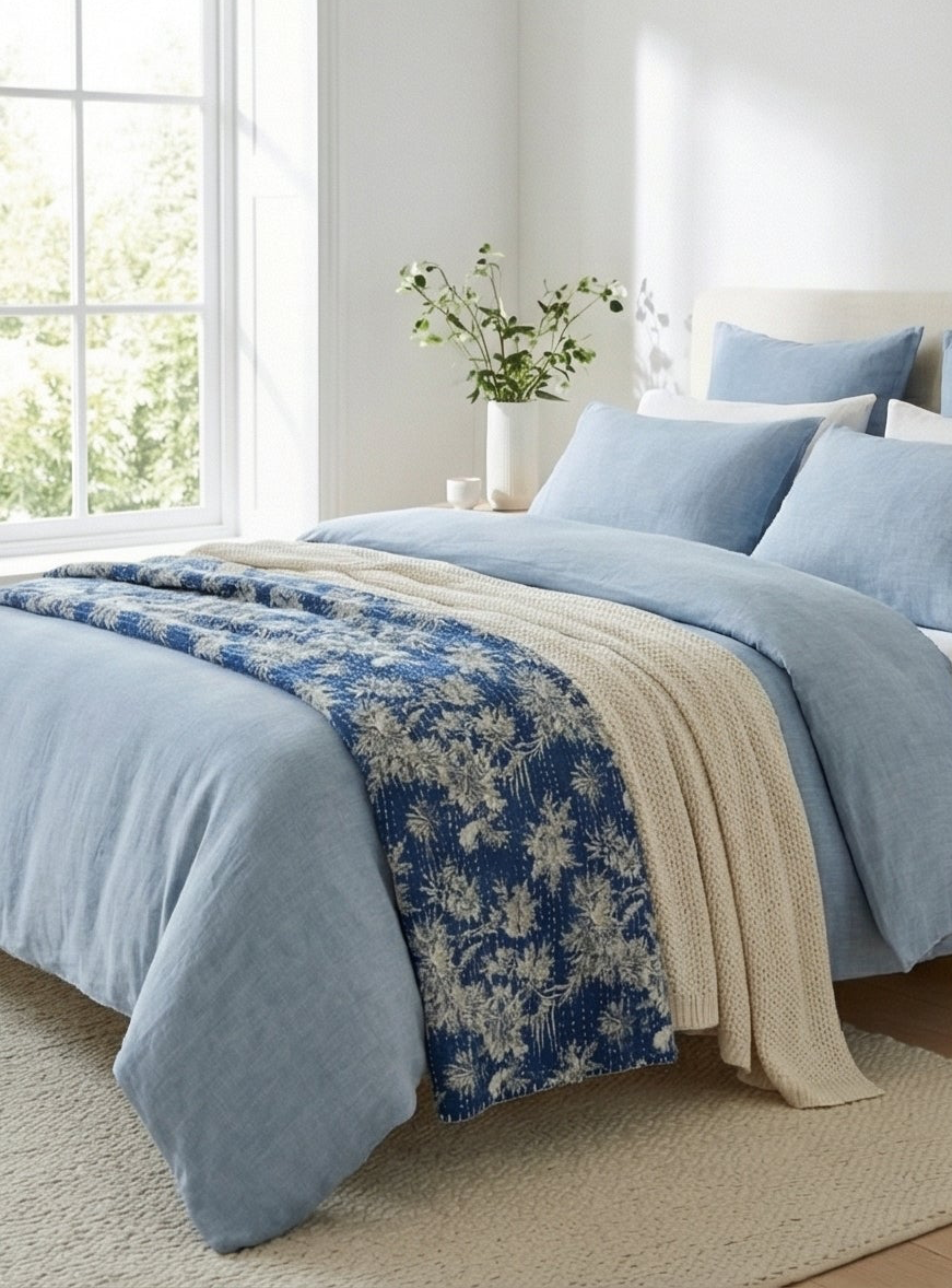 Indigo Wild Orchid Cotton Hand-Made Kantha Throw Blanket