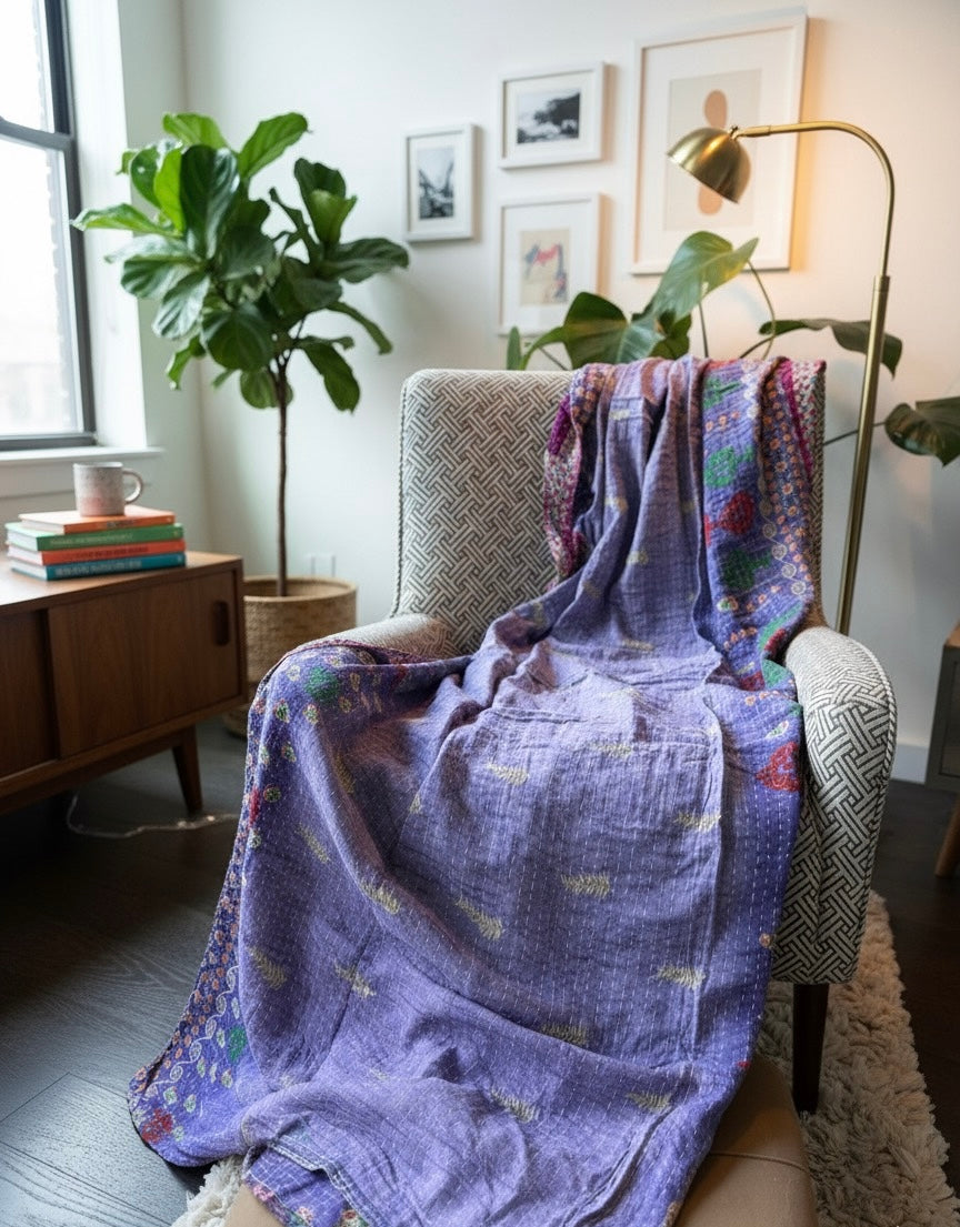 Bougainvillea Bliss Hand-Made Kantha Throw Blanket