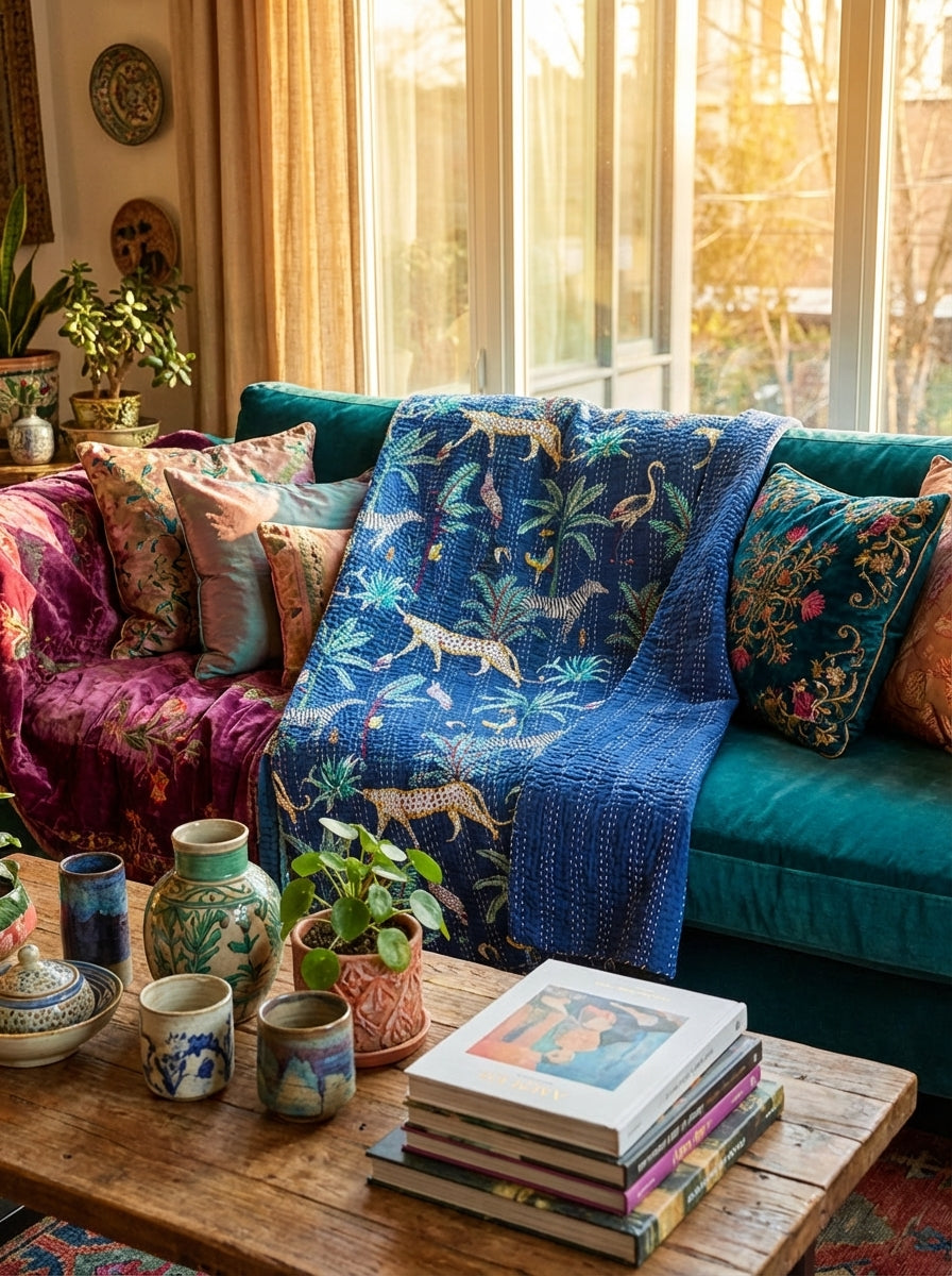 Wild Blue Forest Safari Grand Kantha throw