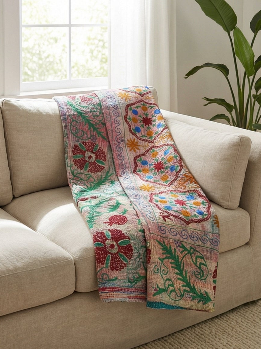 Blooming Cherry Luxury Vintage Suzani Kantha Throw Blanket