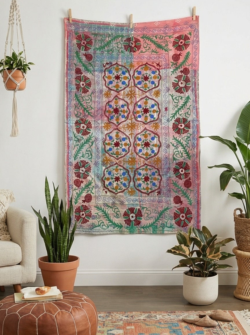 Blooming Cherry Luxury Vintage Suzani Kantha Throw Blanket