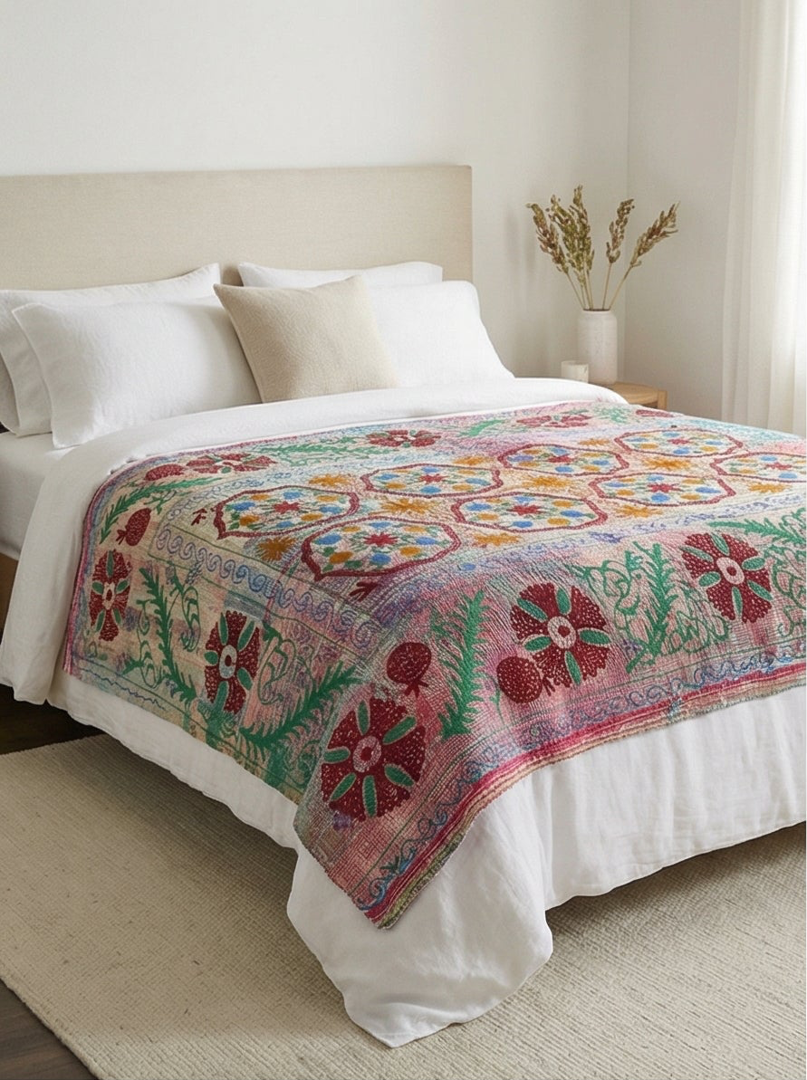 Blooming Cherry Luxury Vintage Suzani Kantha Throw Blanket